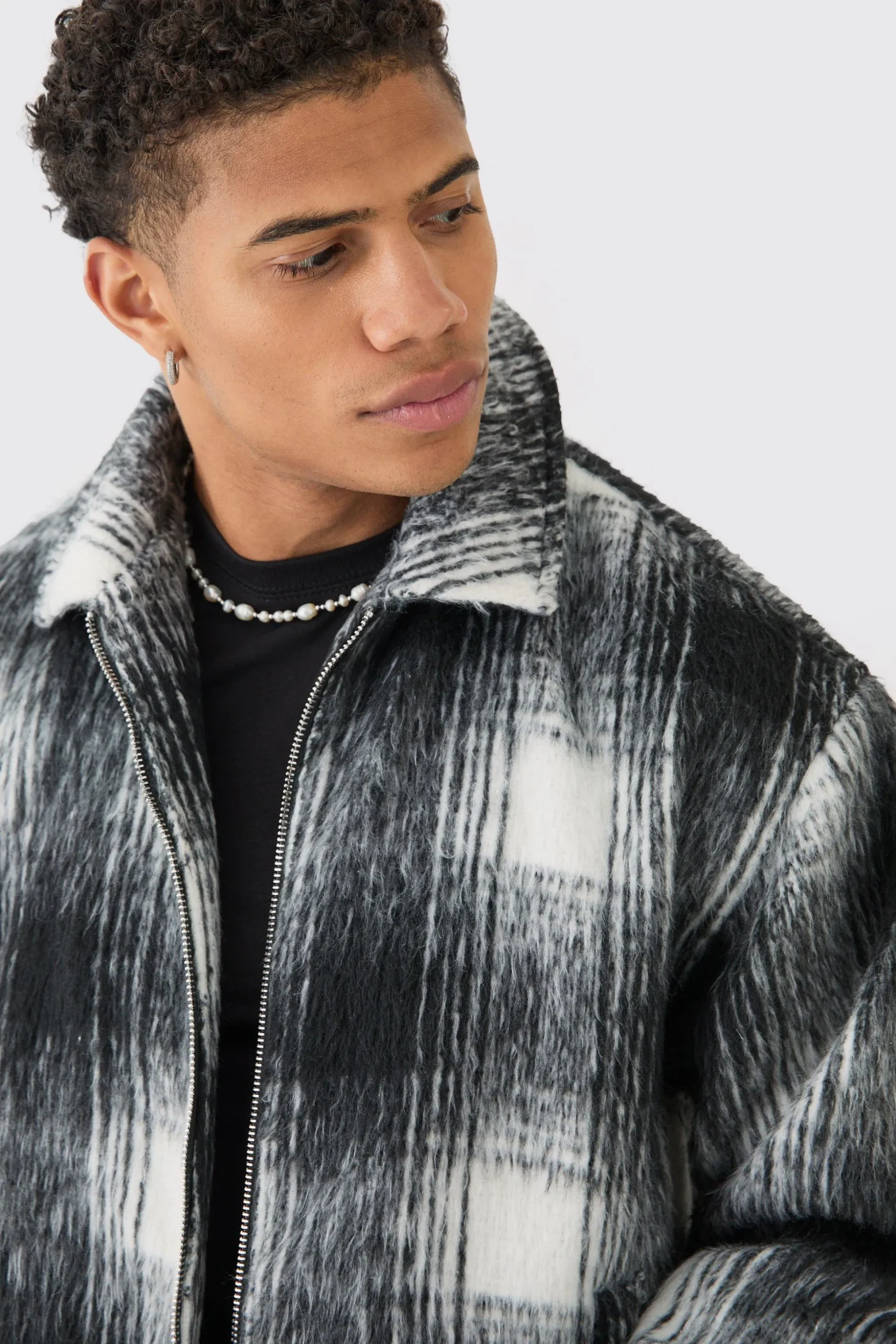 Brushed Check Collared Harrington Jacket In Black | BoohooMAN UK