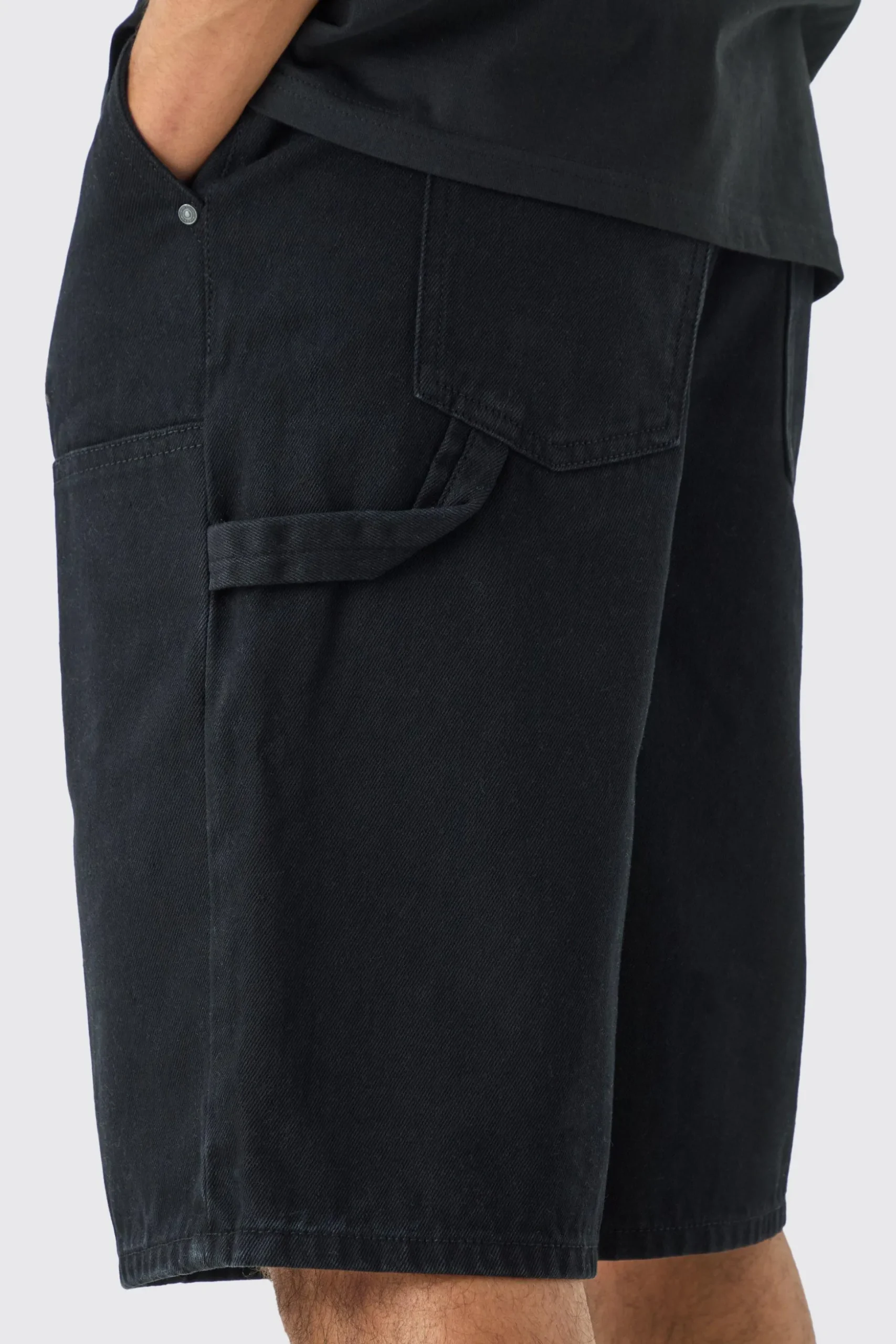 Carpenter Detail Denim Jorts In Black | BoohooMAN UK