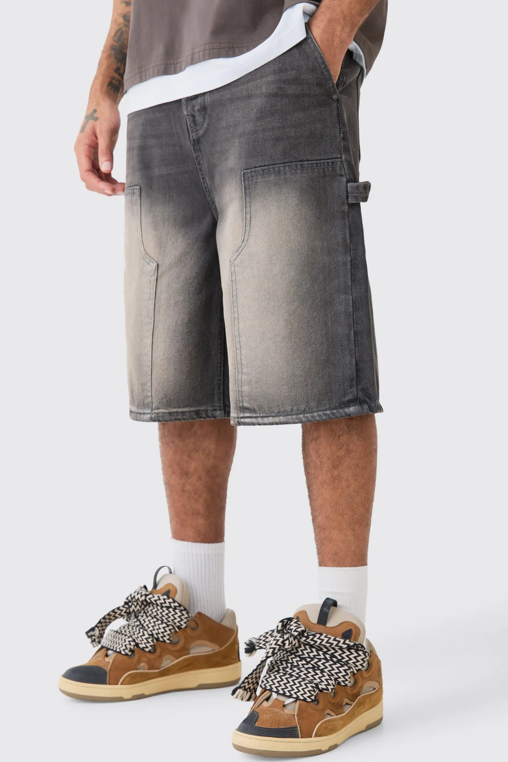 Carpenter Detail Denim Jorts In Antique Grey | BoohooMAN UK