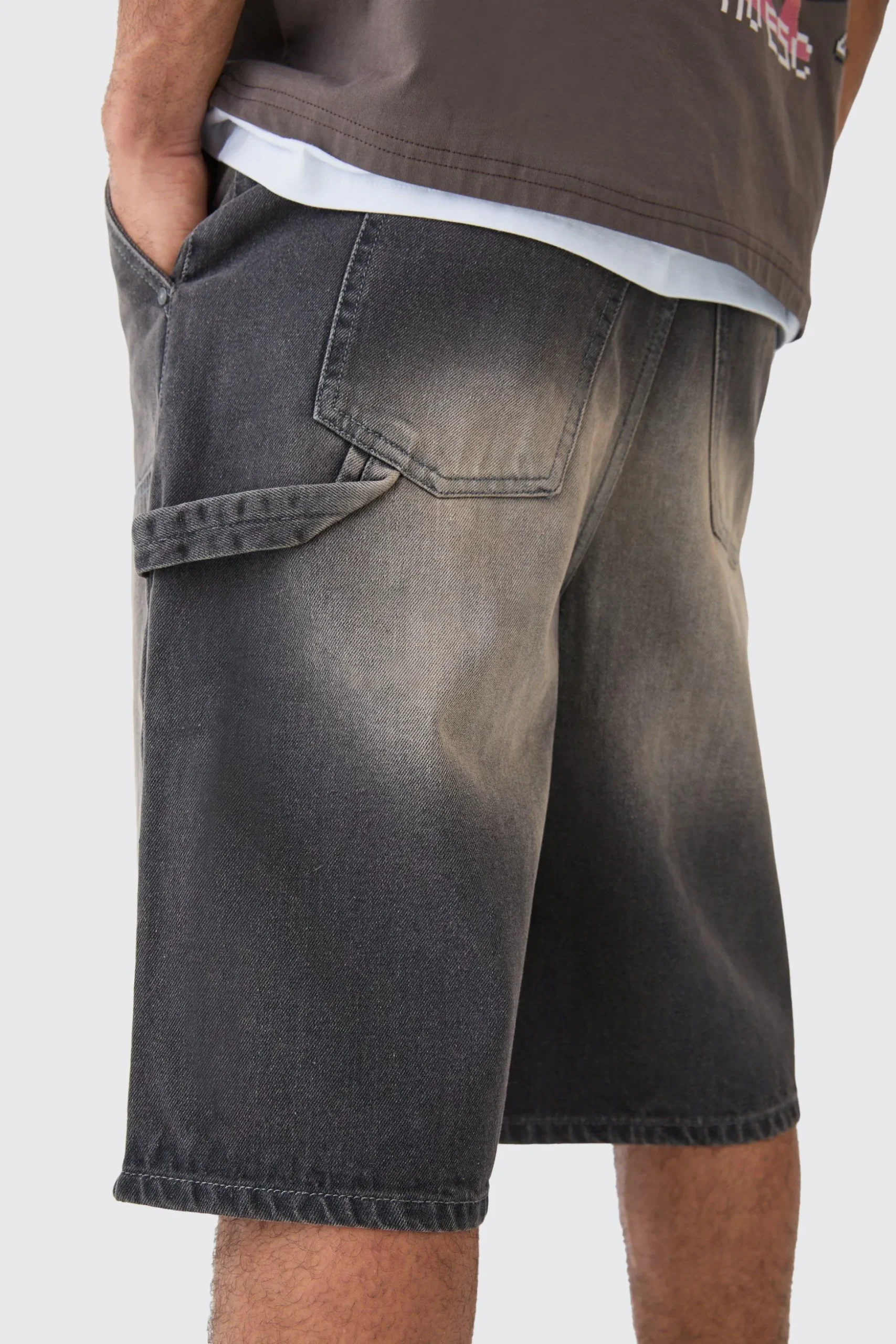 Carpenter Detail Denim Jorts In Antique Grey | BoohooMAN UK