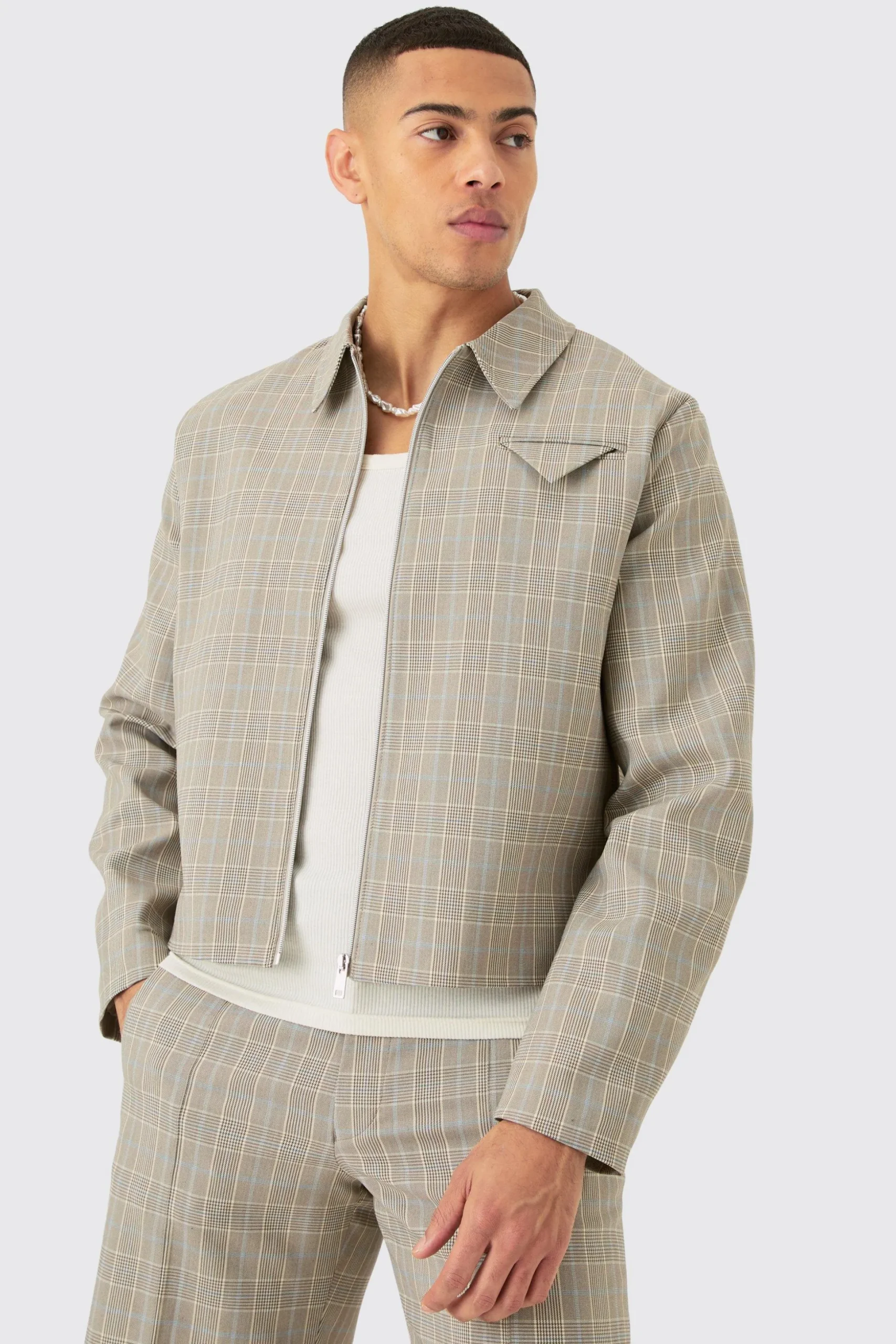 Checked Zip Up Boxy Smart Jacket | BoohooMAN UK