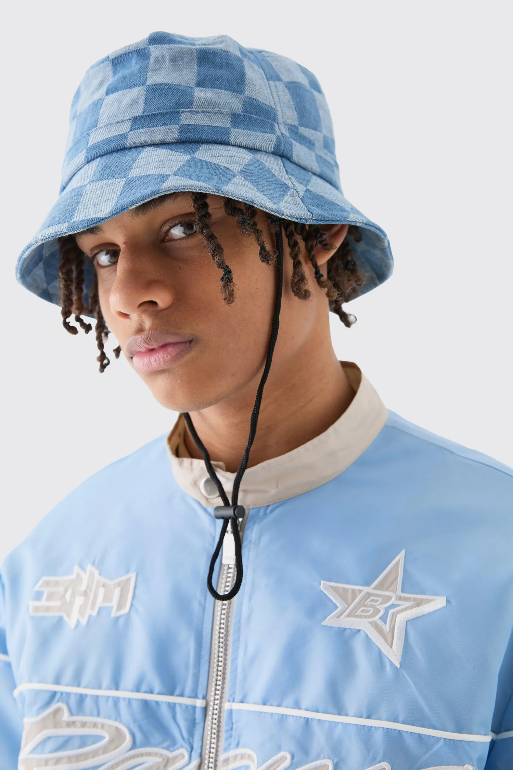 Checkerboard Bucket Hat In Blue | BoohooMAN UK