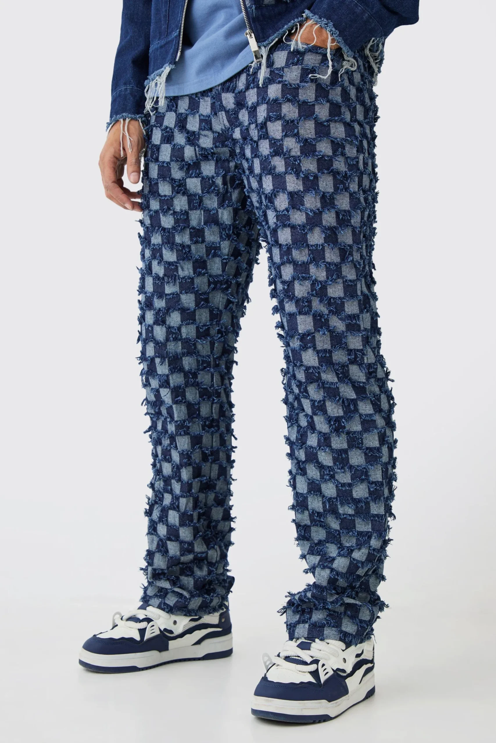 Checkerboard Denim Jacket And Jeans Set | BoohooMAN UK