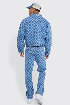 Checkerboard Laser Print Jacket And Jeans Set | BoohooMAN UK