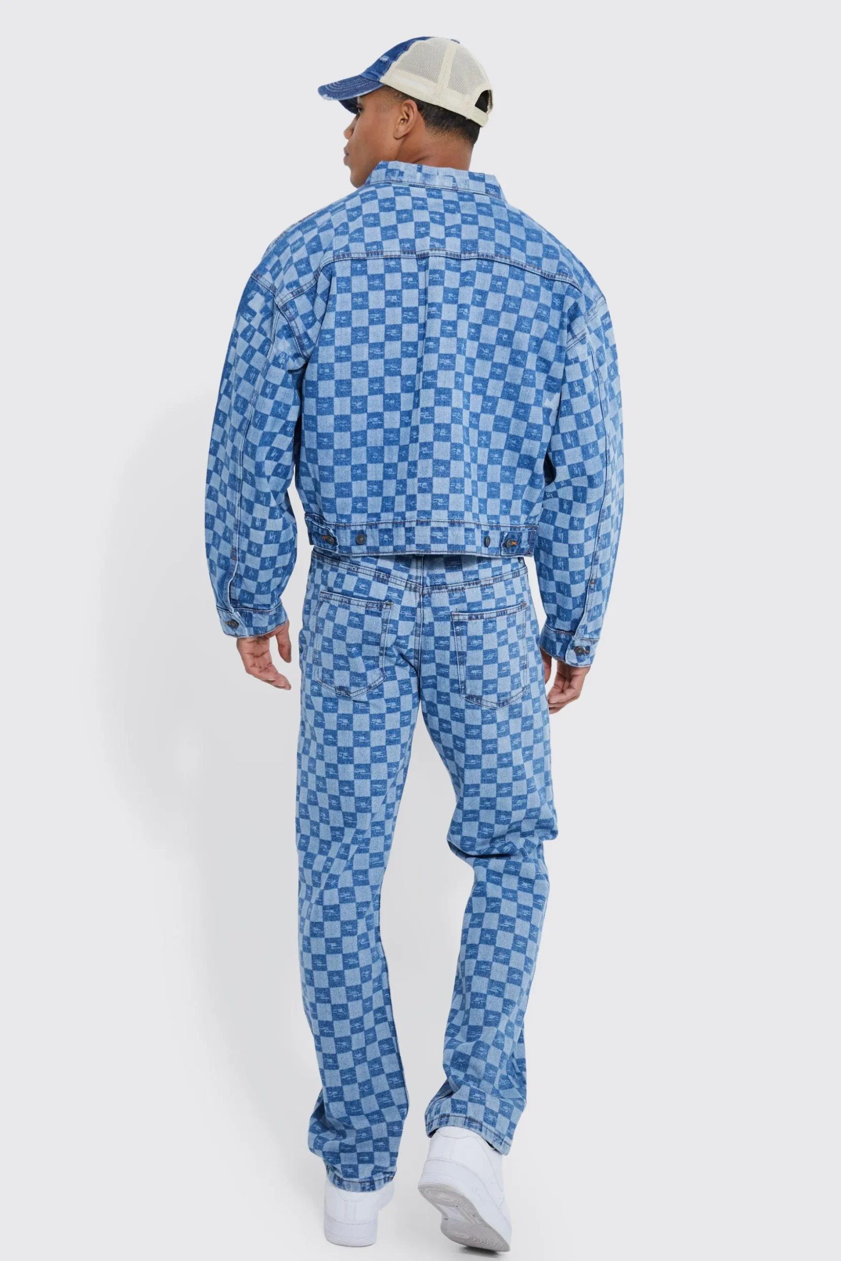 Checkerboard Laser Print Jacket And Jeans Set | BoohooMAN UK