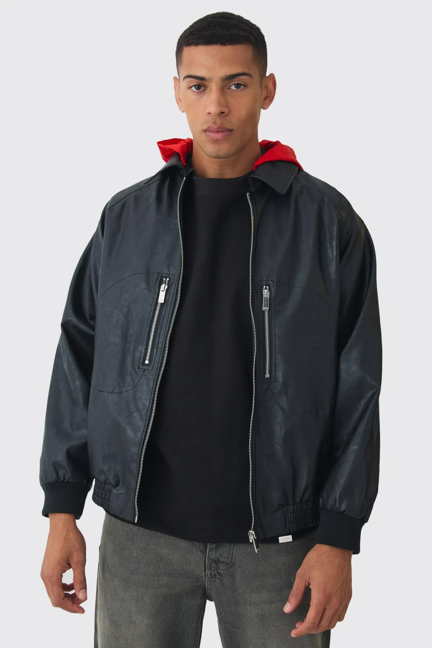 Collared Pu Bomber Jacket With Detachable Hood In Black | BoohooMAN UK
