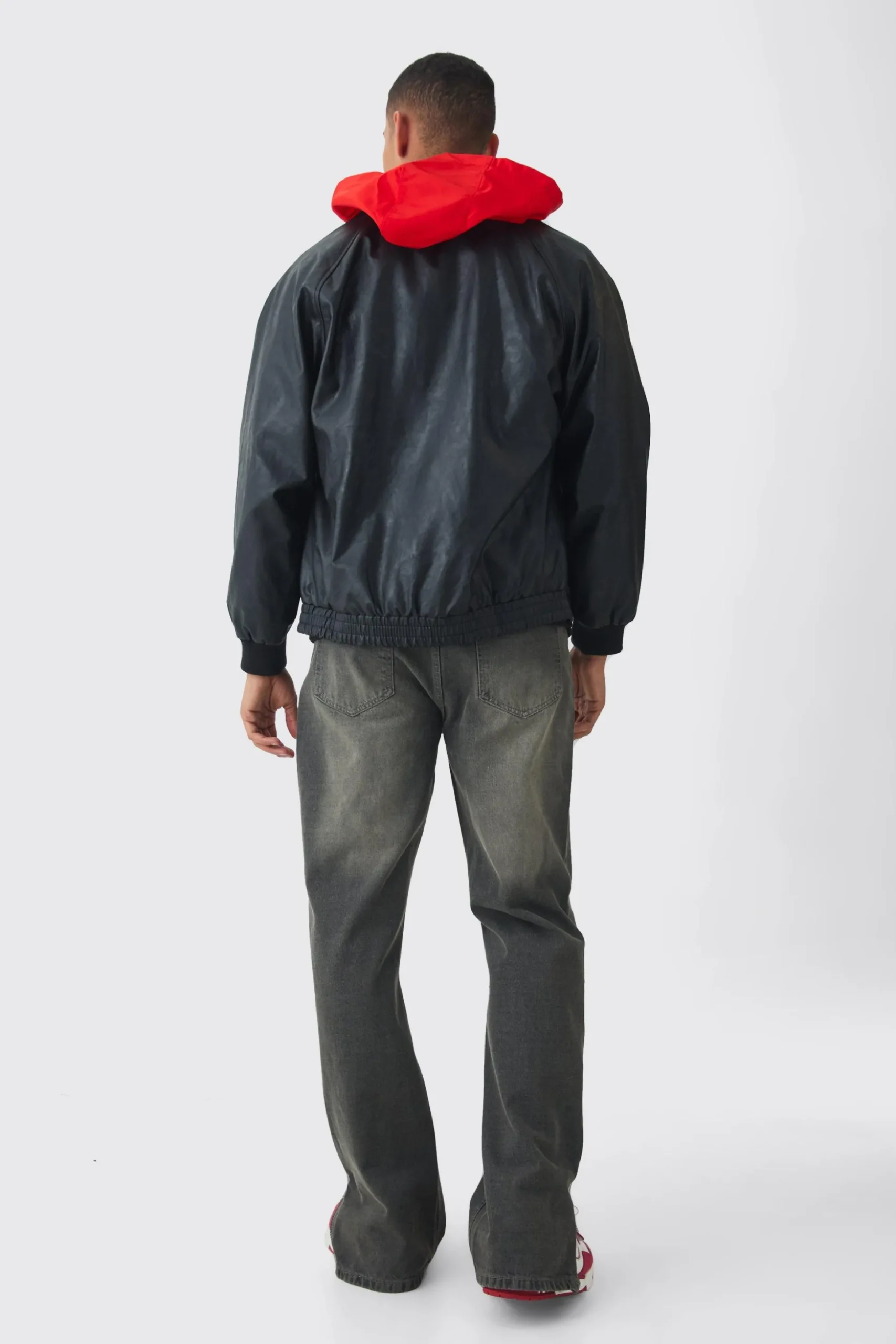 Collared Pu Bomber Jacket With Detachable Hood In Black | BoohooMAN UK
