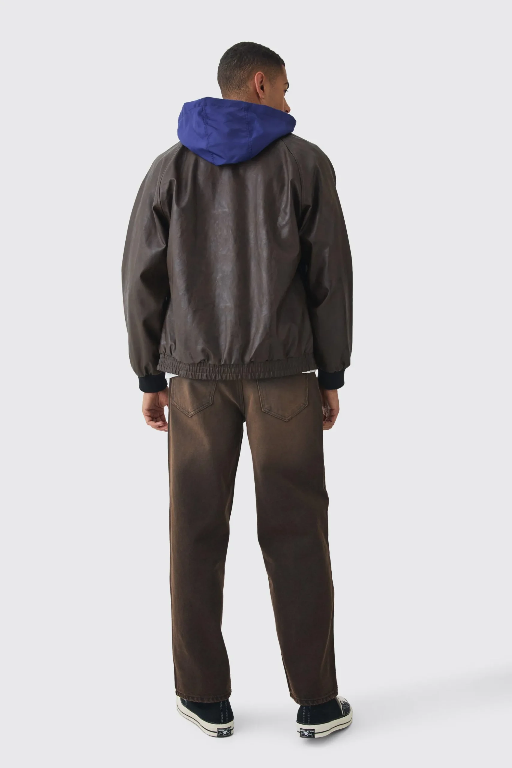 Collared Pu Bomber Jacket With Detachable Hood In Brown | BoohooMAN UK