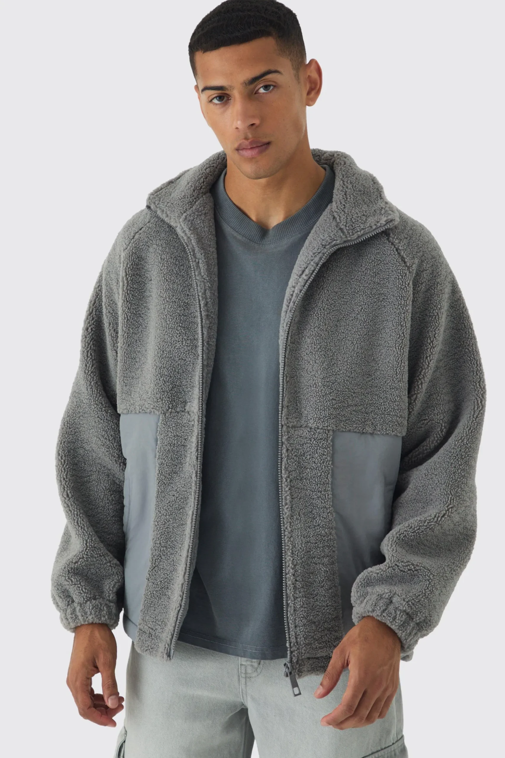 Colour Block Borg And Nylon Jacket In Grey | BoohooMAN UK