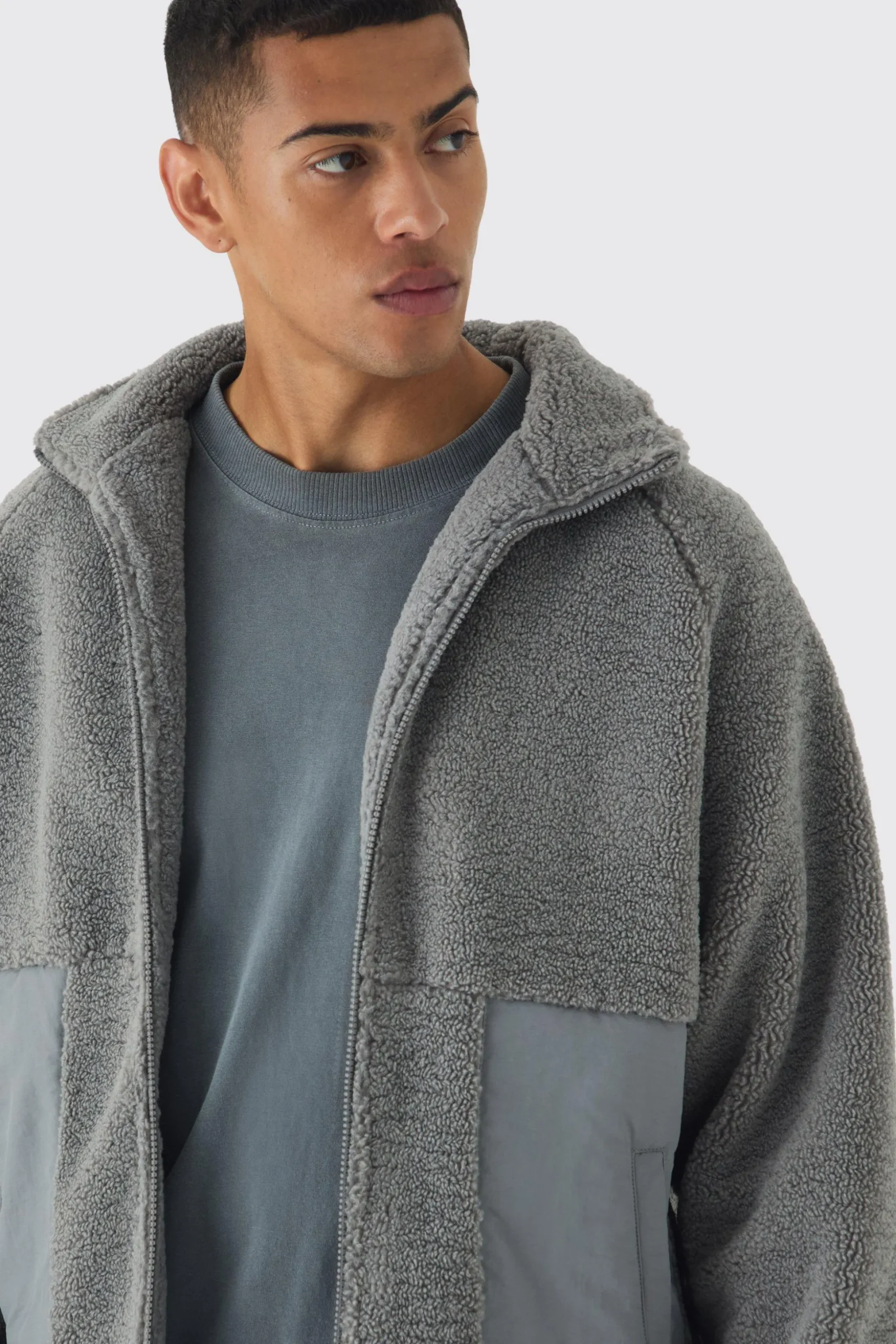 Colour Block Borg And Nylon Jacket In Grey | BoohooMAN UK