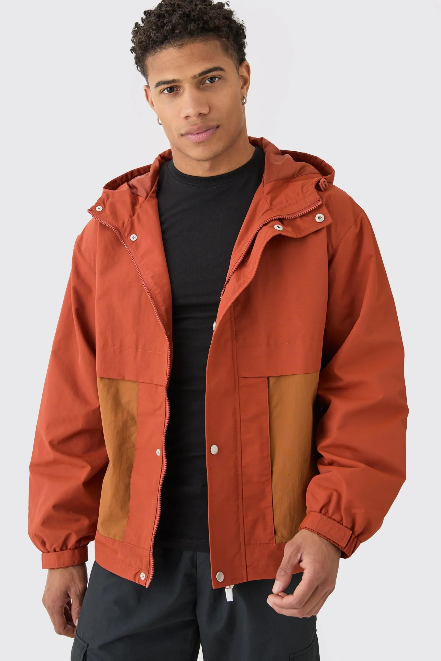Colour Block Hooded Nylon Windbreaker In Rust | BoohooMAN UK