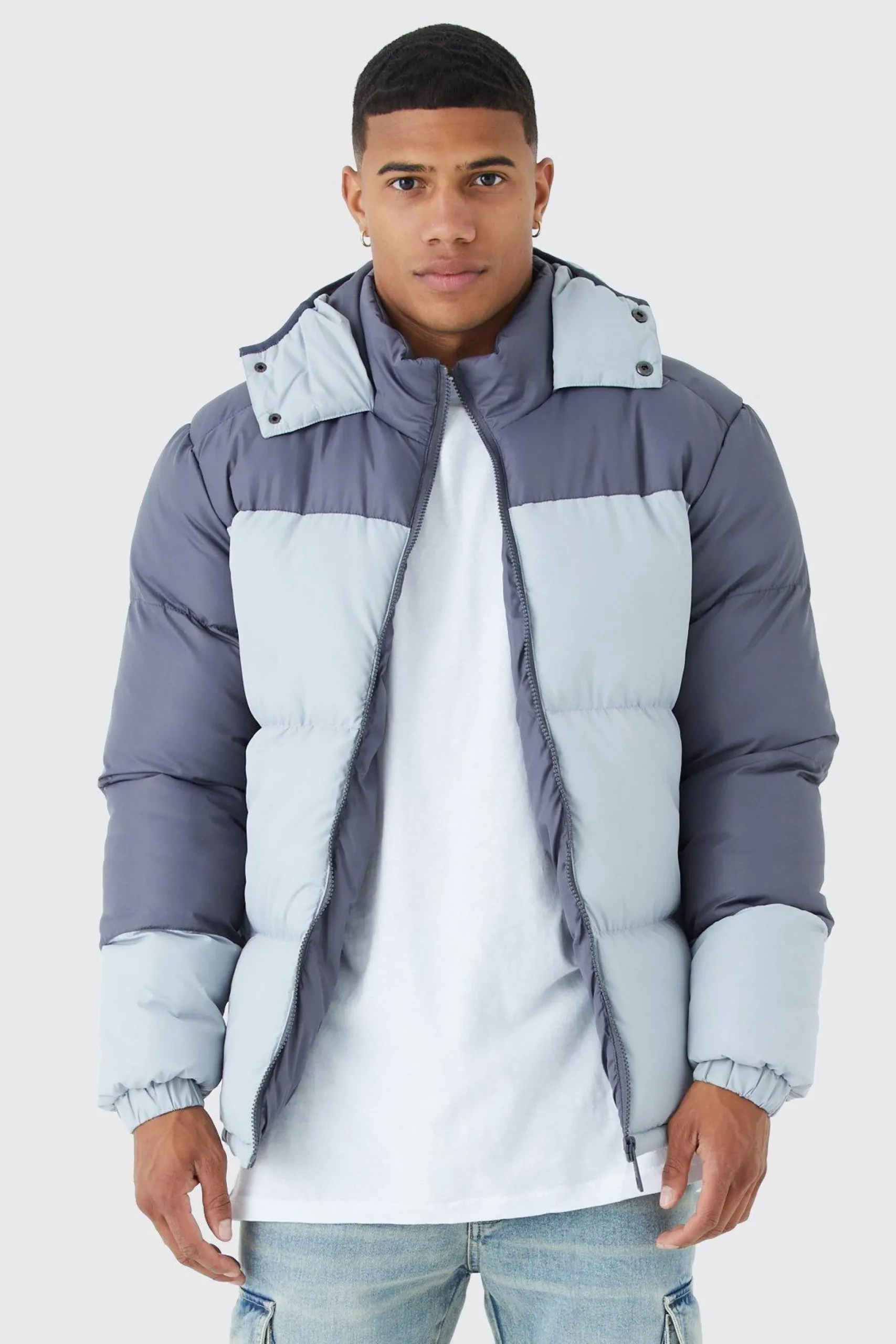 Colour Block Quilted Puffer With Hood | BoohooMAN UK