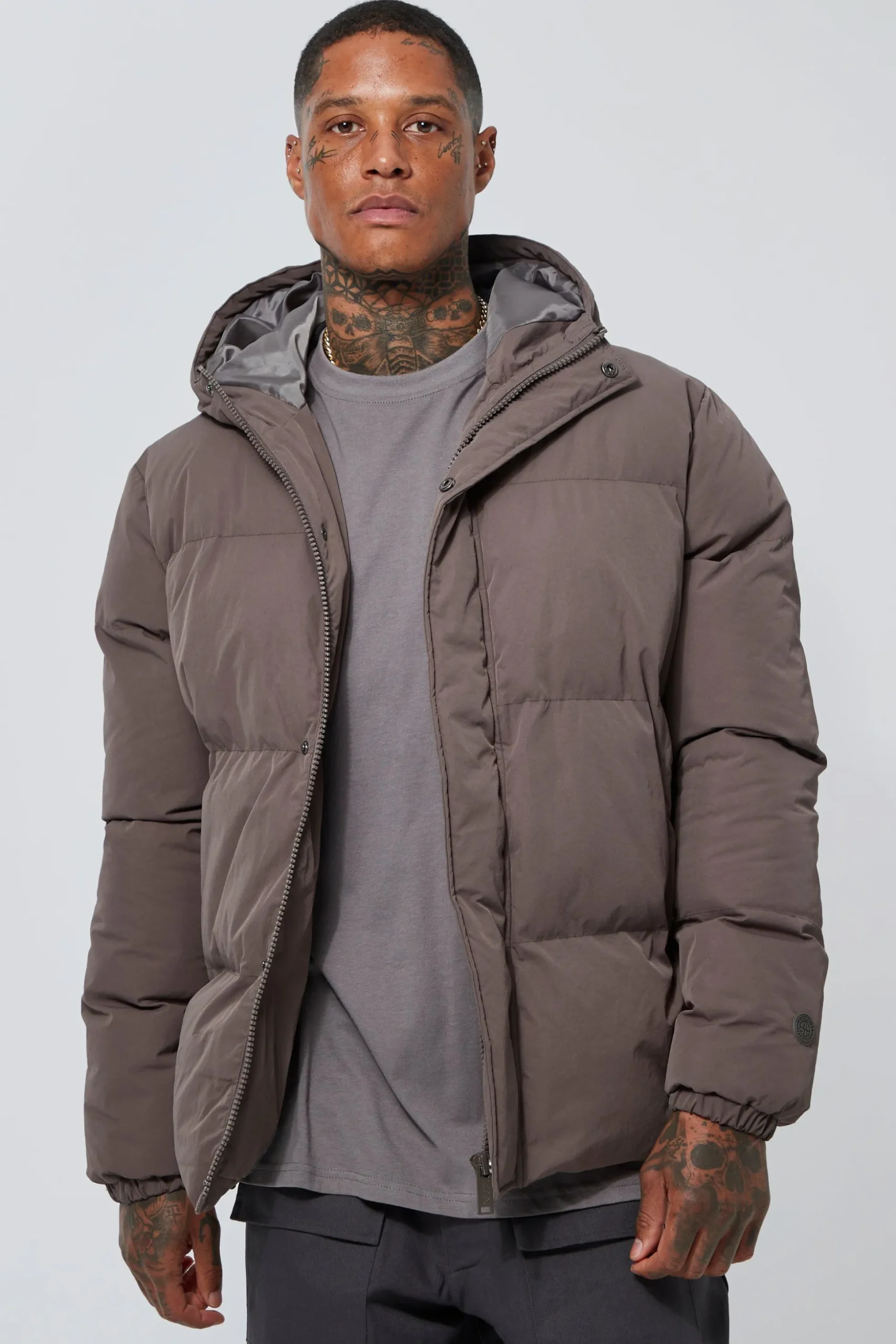 Concealed Placket Hooded Puffer | BoohooMAN UK