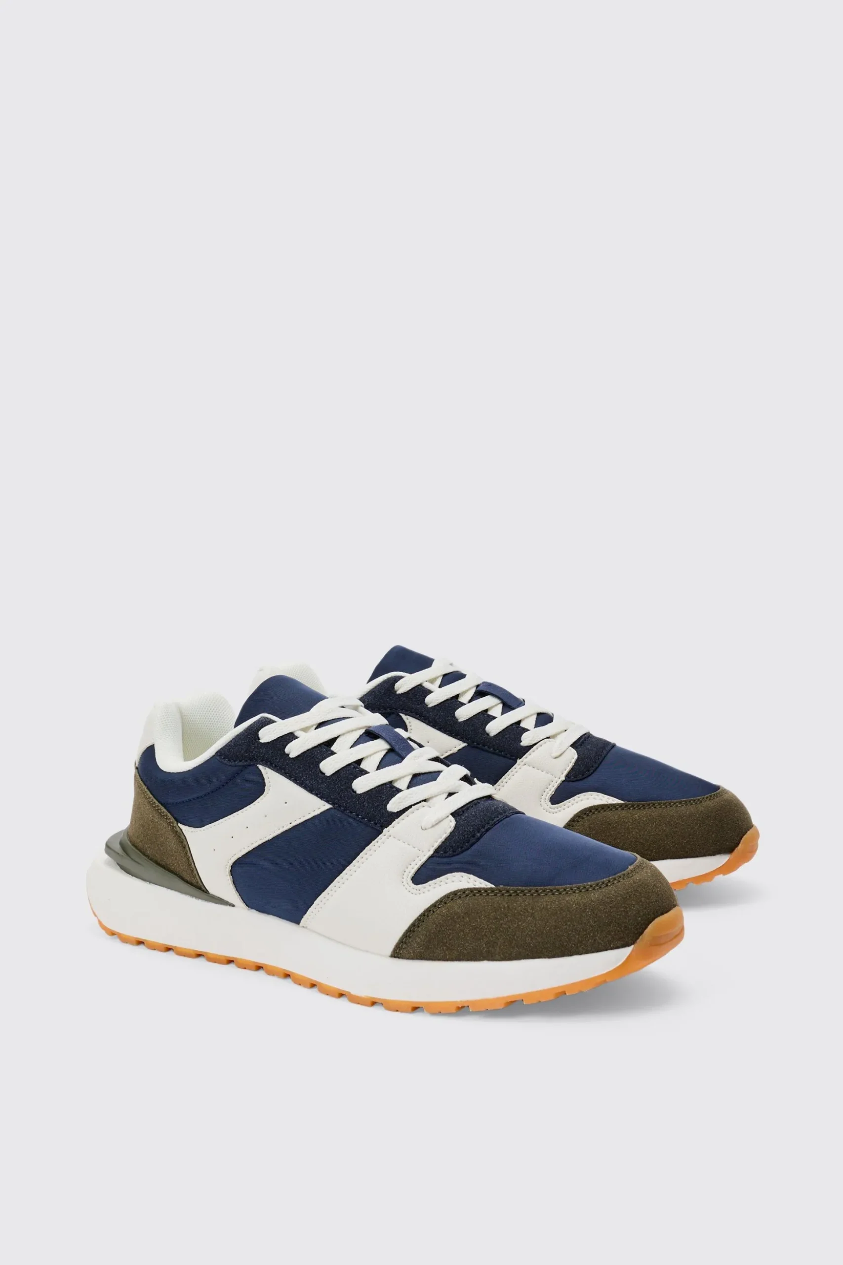 Contrast Panel Chunky Sole Trainer In Khaki | BoohooMAN UK