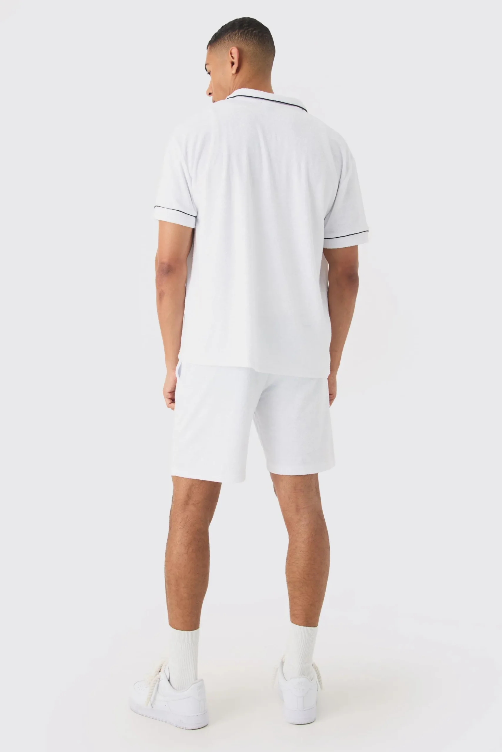 Contrast Piping Towelling Shirt And Short Set | BoohooMAN UK