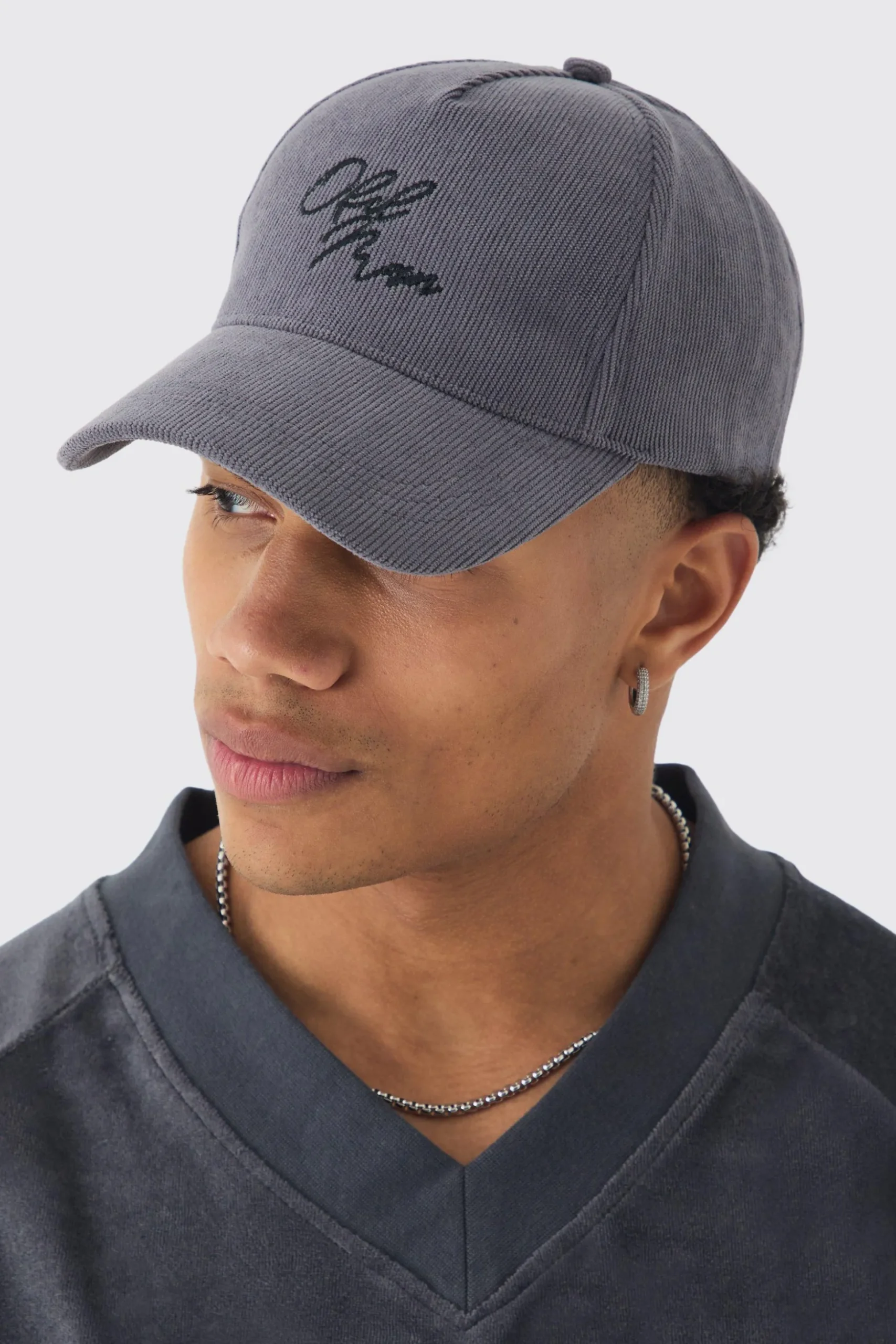 Cord Ofcl Man Embroidered Cap In Grey | BoohooMAN UK