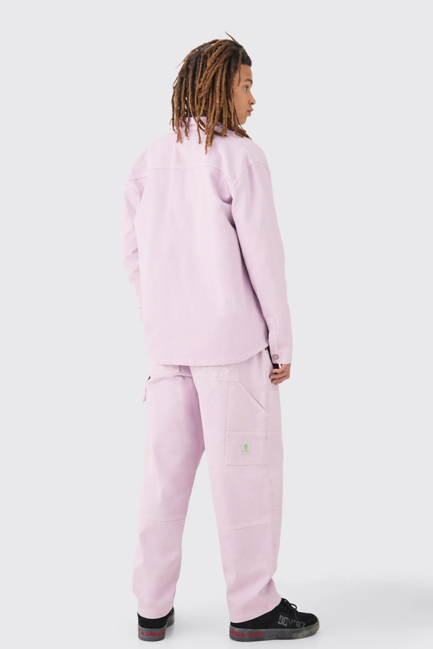 Crinkle Denim Overdyed Carpenter Detail Overshirt In Lilac | BoohooMAN UK
