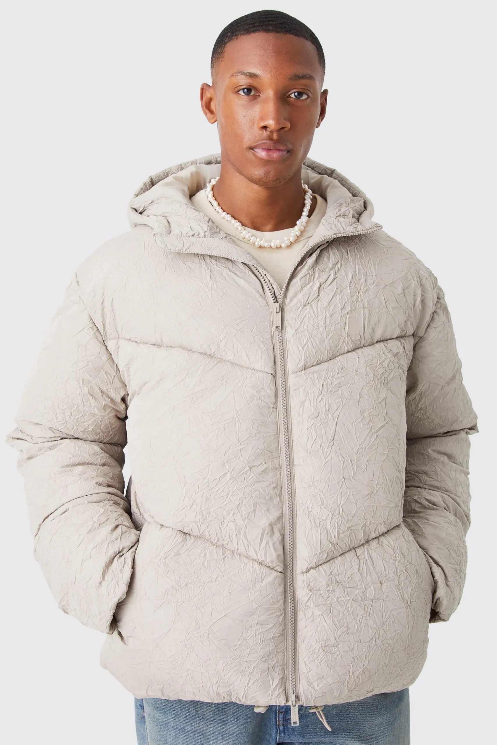 Crinkle Texture Hooded Puffer | BoohooMAN UK