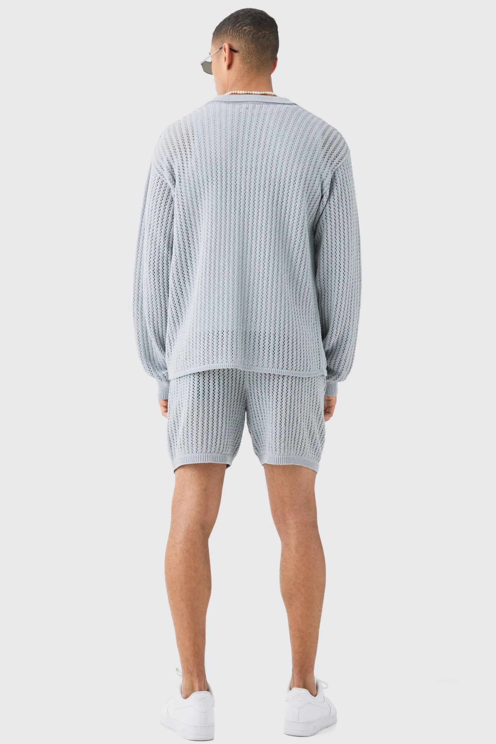 Crochet Open Knit Mid Length Shorts In Grey | BoohooMAN UK
