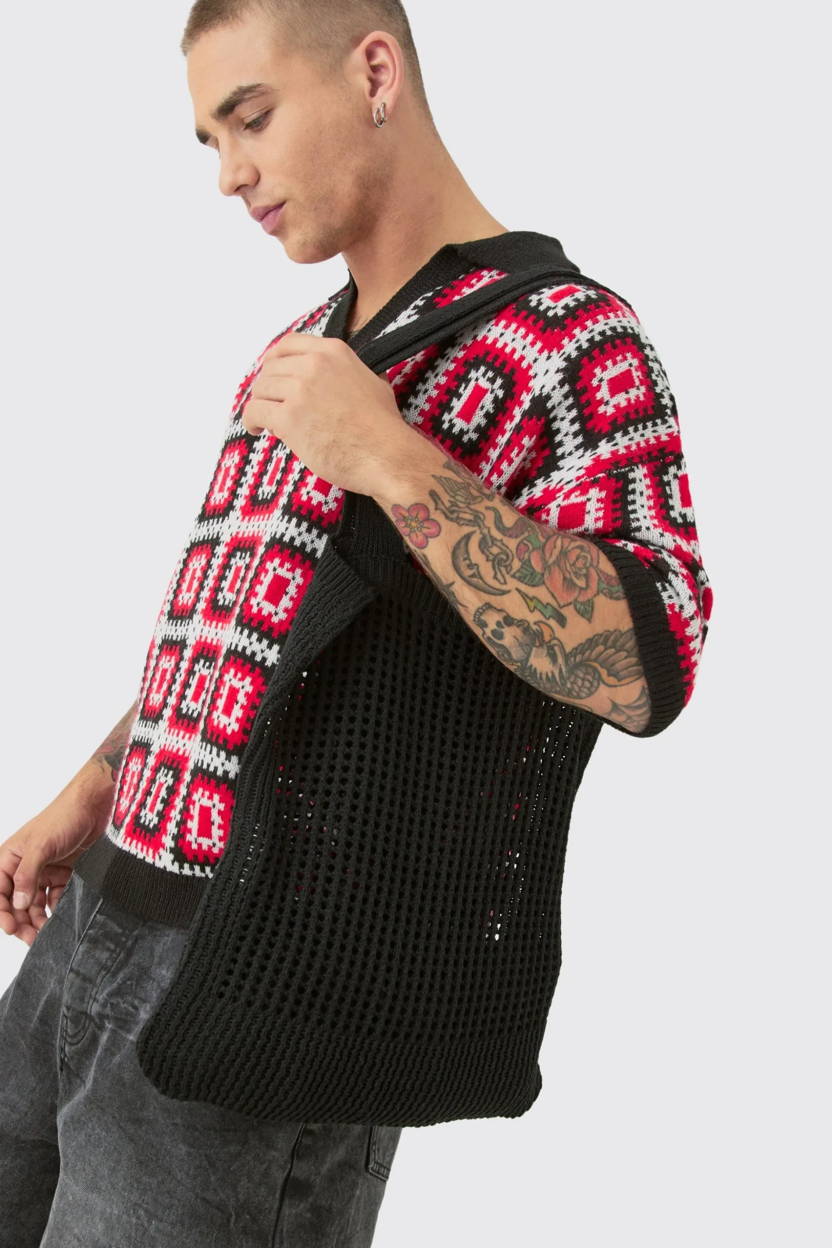 Crochet Tote Bag In Black | BoohooMAN UK