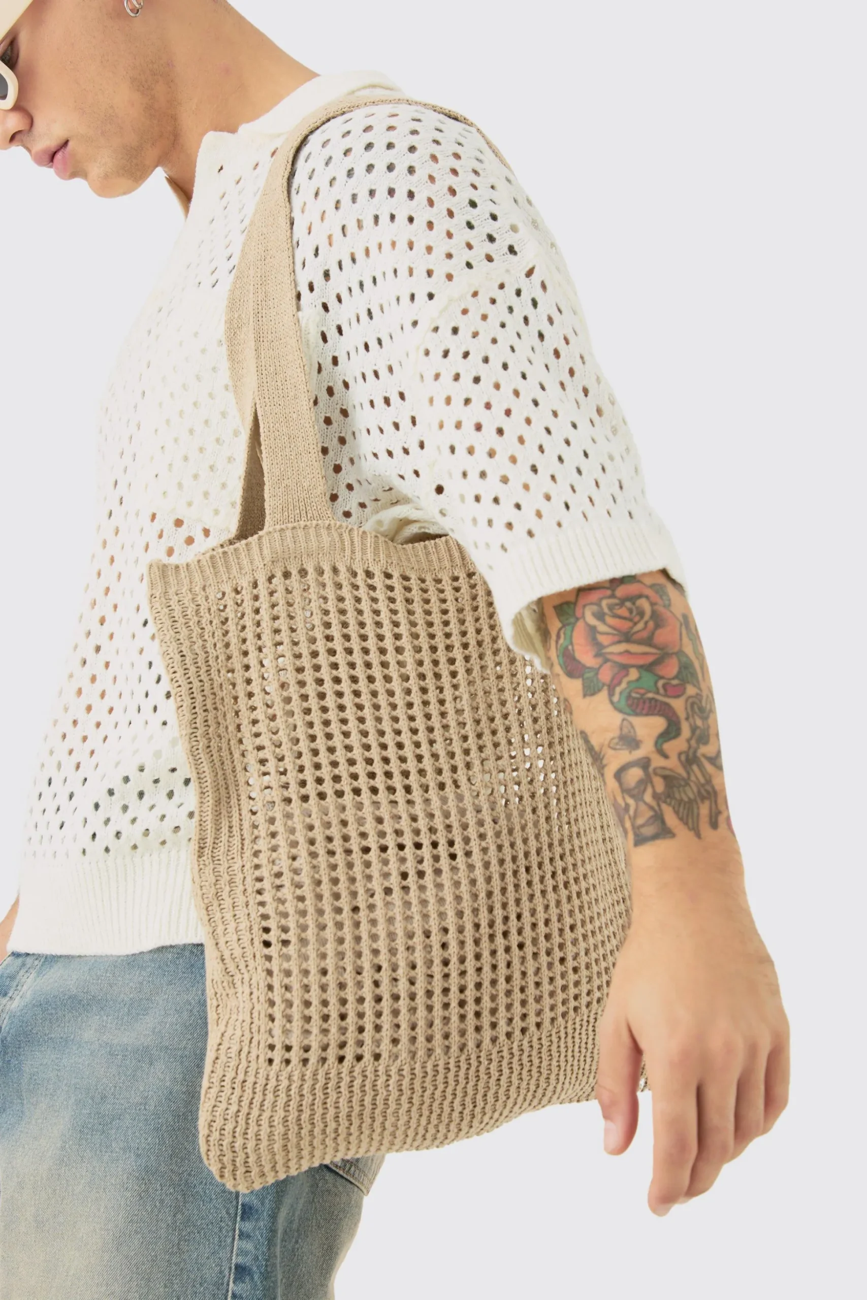 Crochet Tote Bag In Stone | BoohooMAN UK