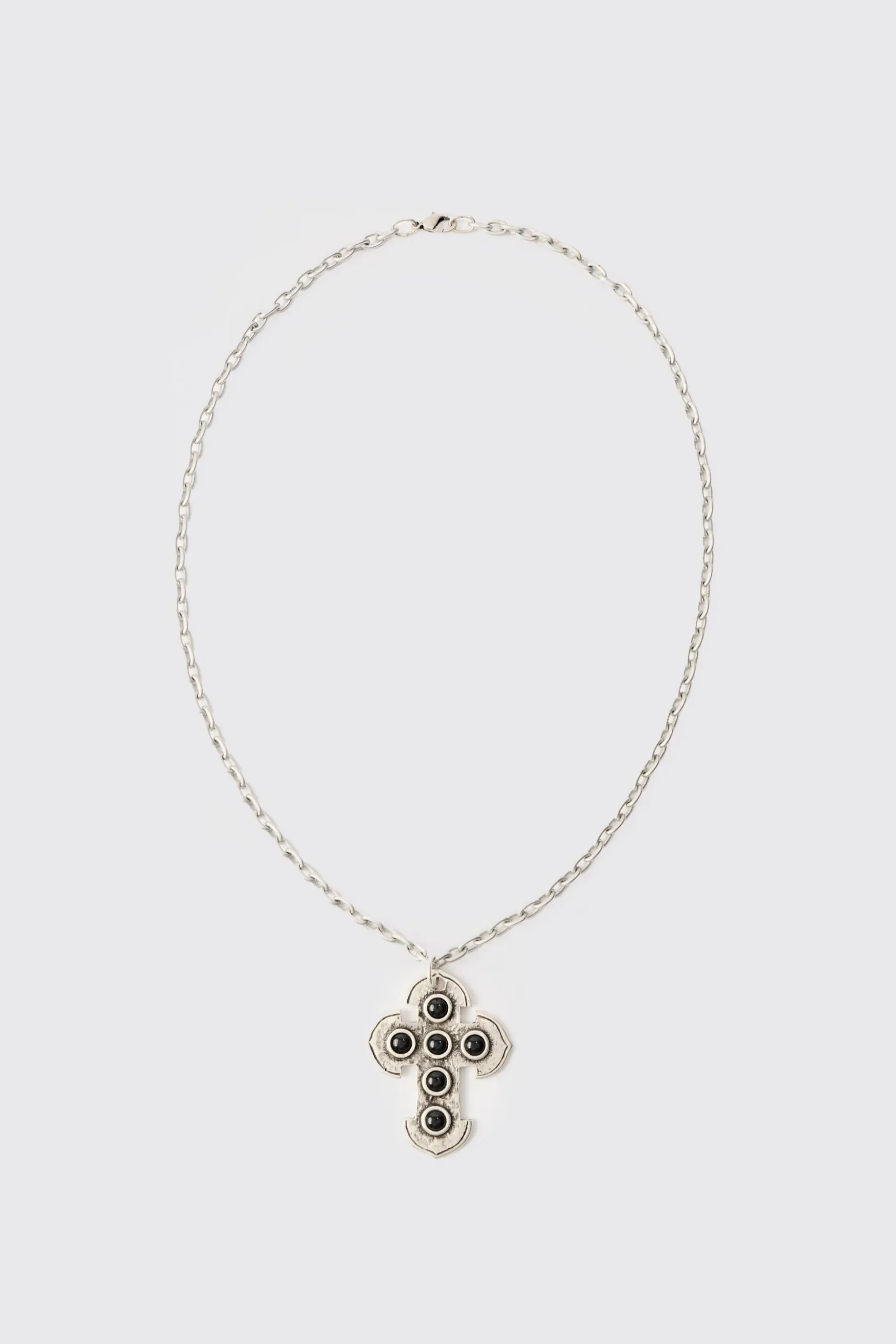 Cross Gem Pendant Necklace In Silver | BoohooMAN UK