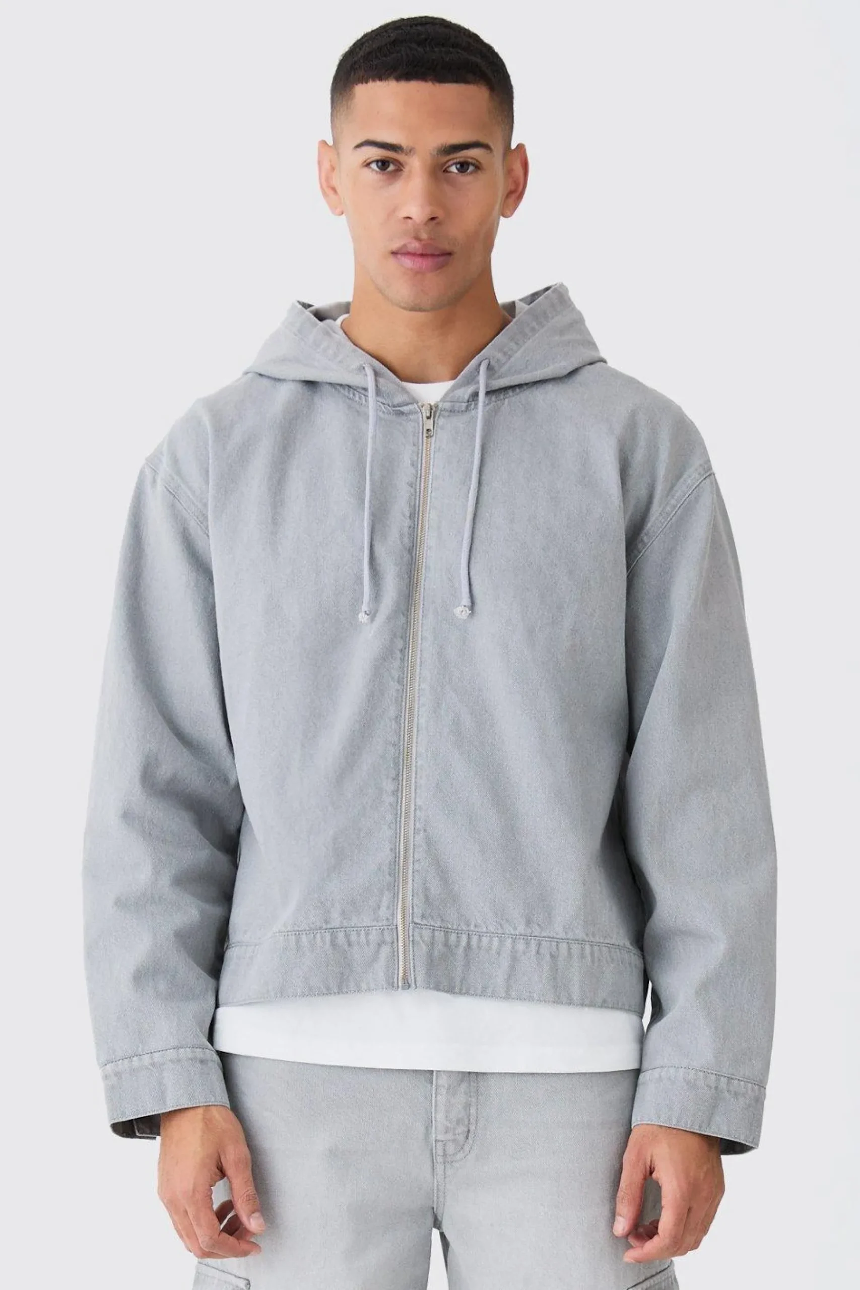 Denim Boxy Fit Zip Through Hoodie | BoohooMAN UK
