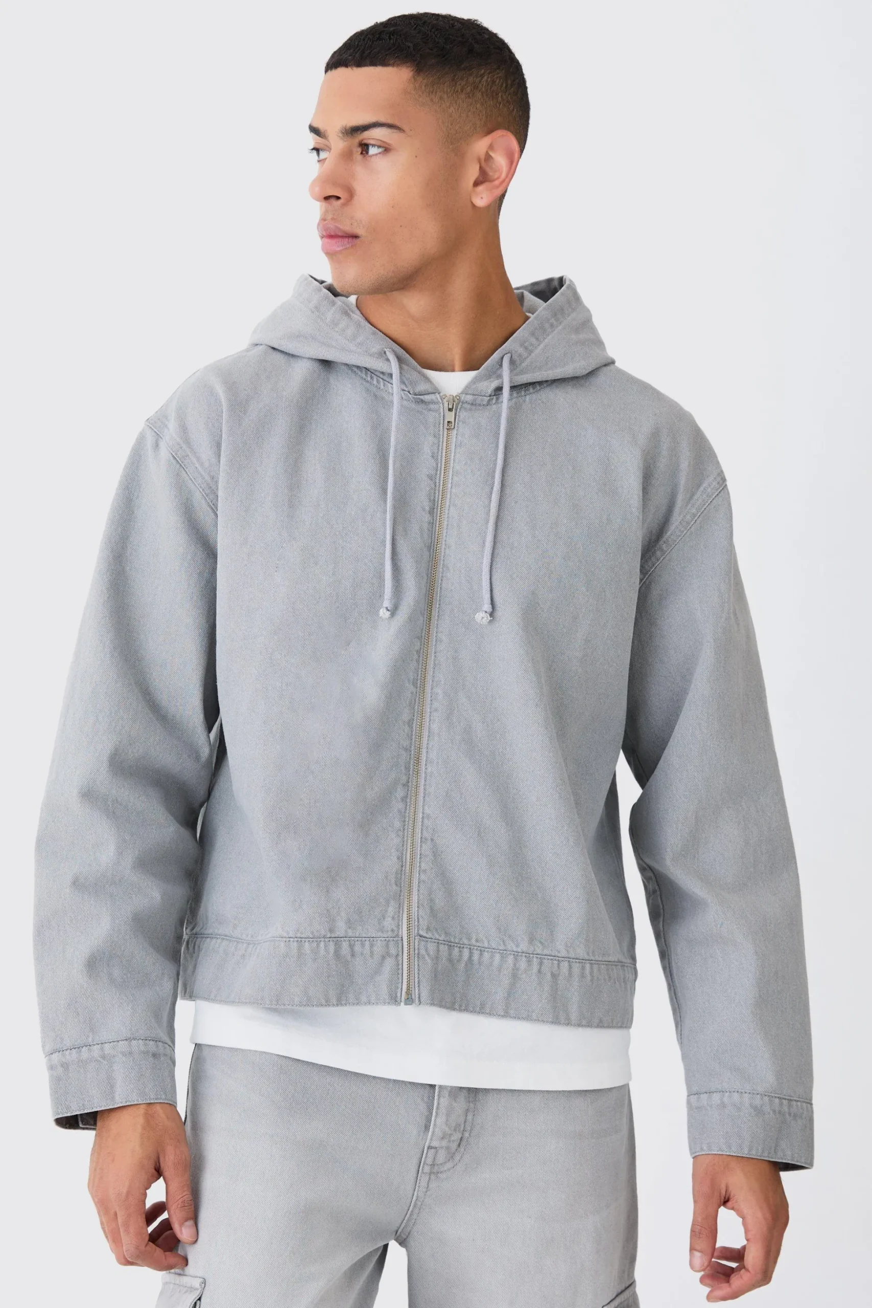 Denim Boxy Fit Zip Through Hoodie | BoohooMAN UK