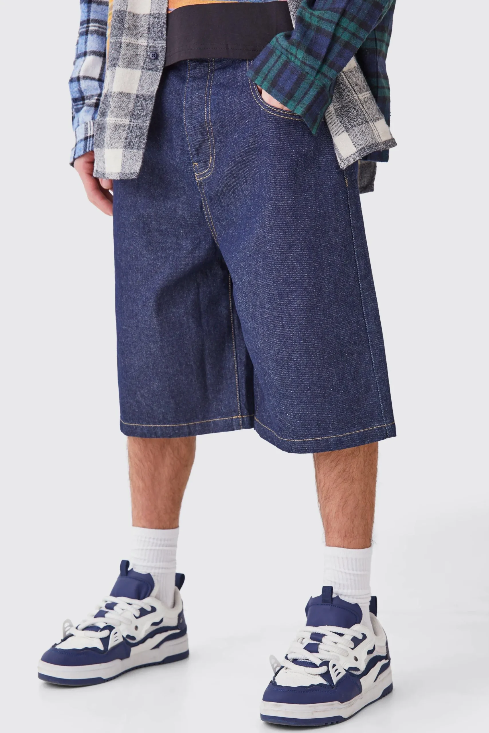 Denim Jorts In Indigo | BoohooMAN UK