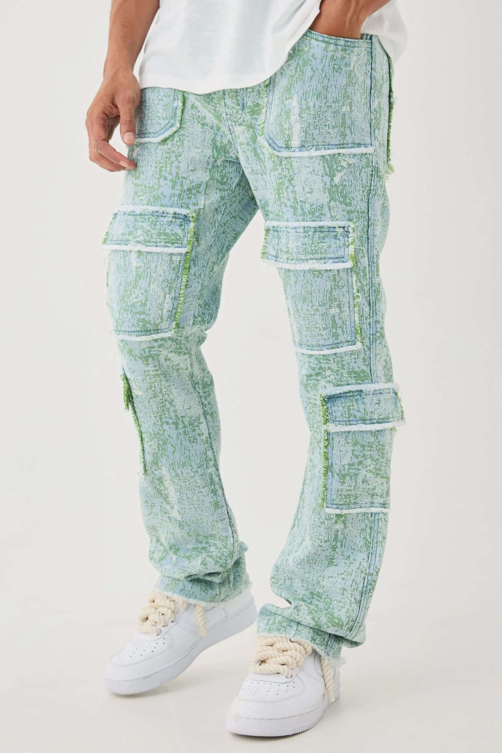 Denim Tapestry Stacked Cargo Flared Jeans | BoohooMAN UK