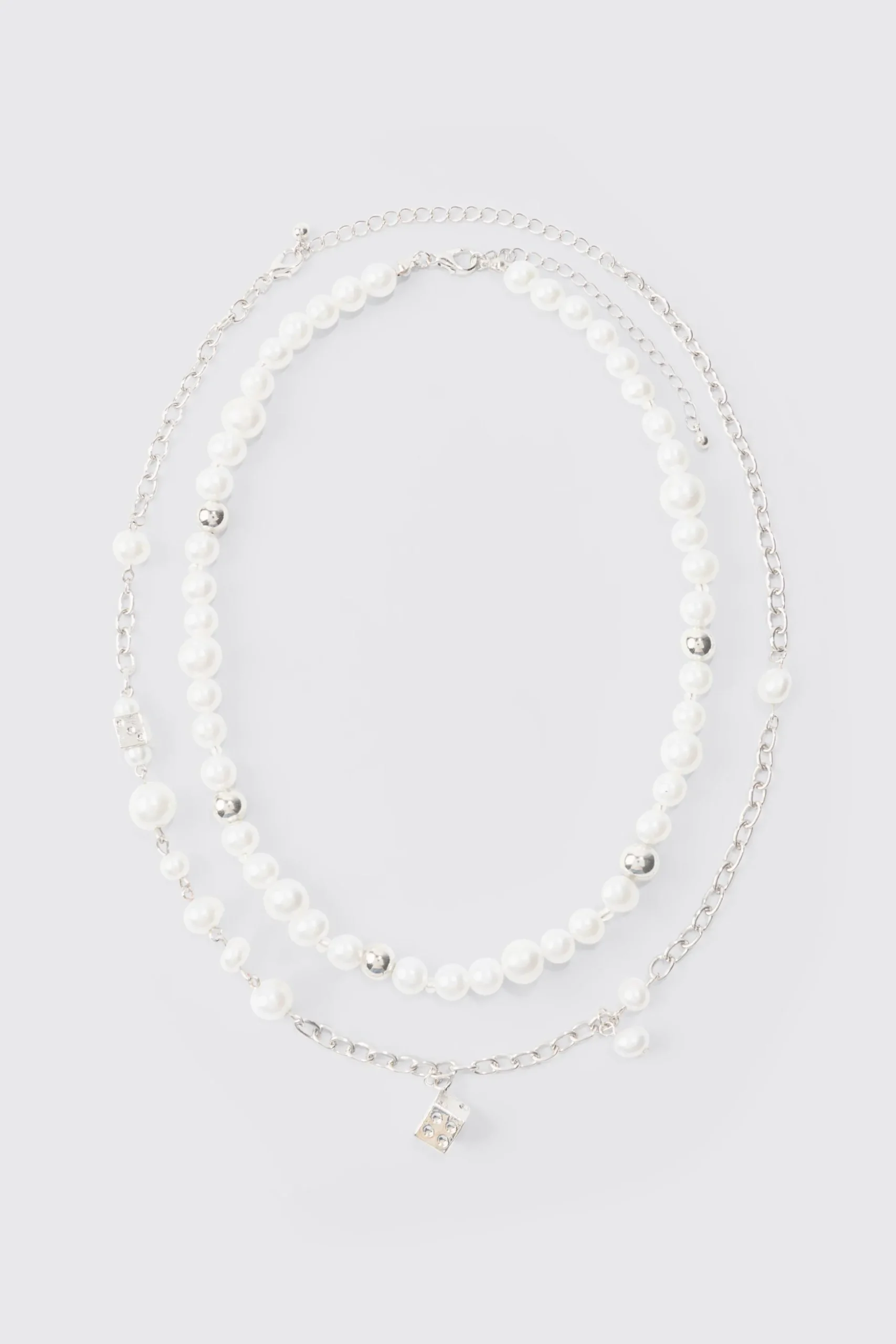 Dice And Parel Double Layer Necklace In White | BoohooMAN UK