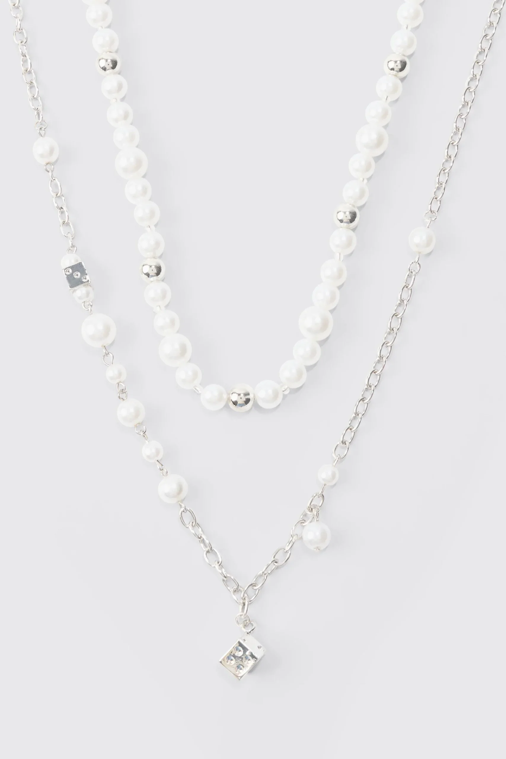 Dice And Parel Double Layer Necklace In White | BoohooMAN UK