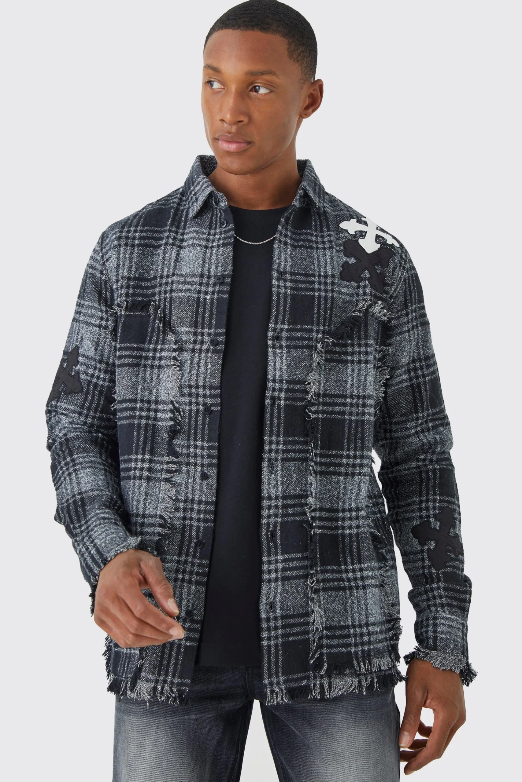 Distressed Hem Panel And Badge Check Shirt | BoohooMAN UK