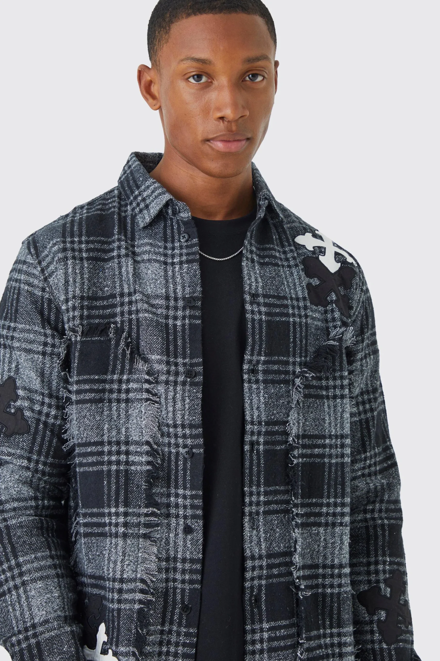 Distressed Hem Panel And Badge Check Shirt | BoohooMAN UK