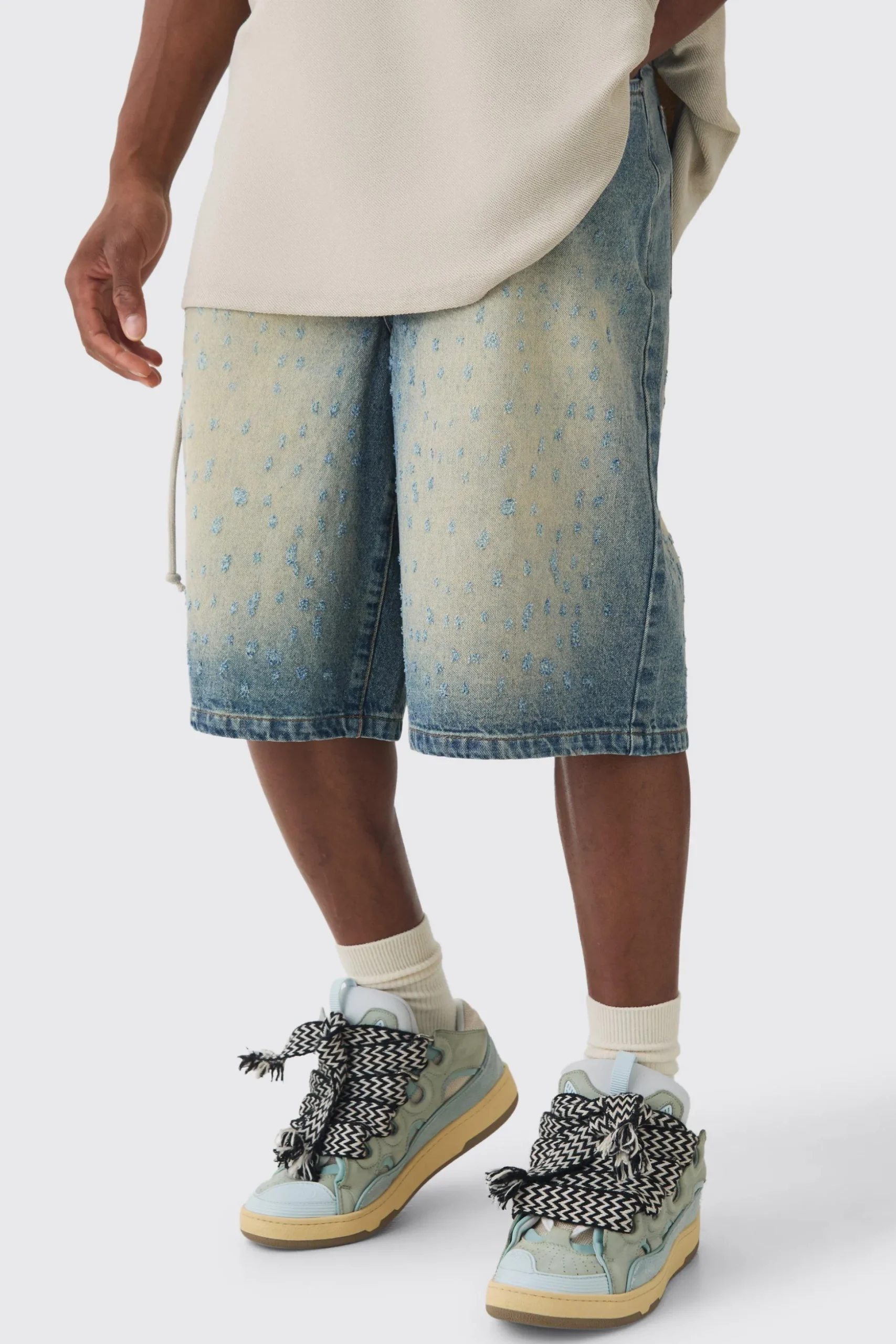 Distressed Regular Denim Jorts | BoohooMAN UK