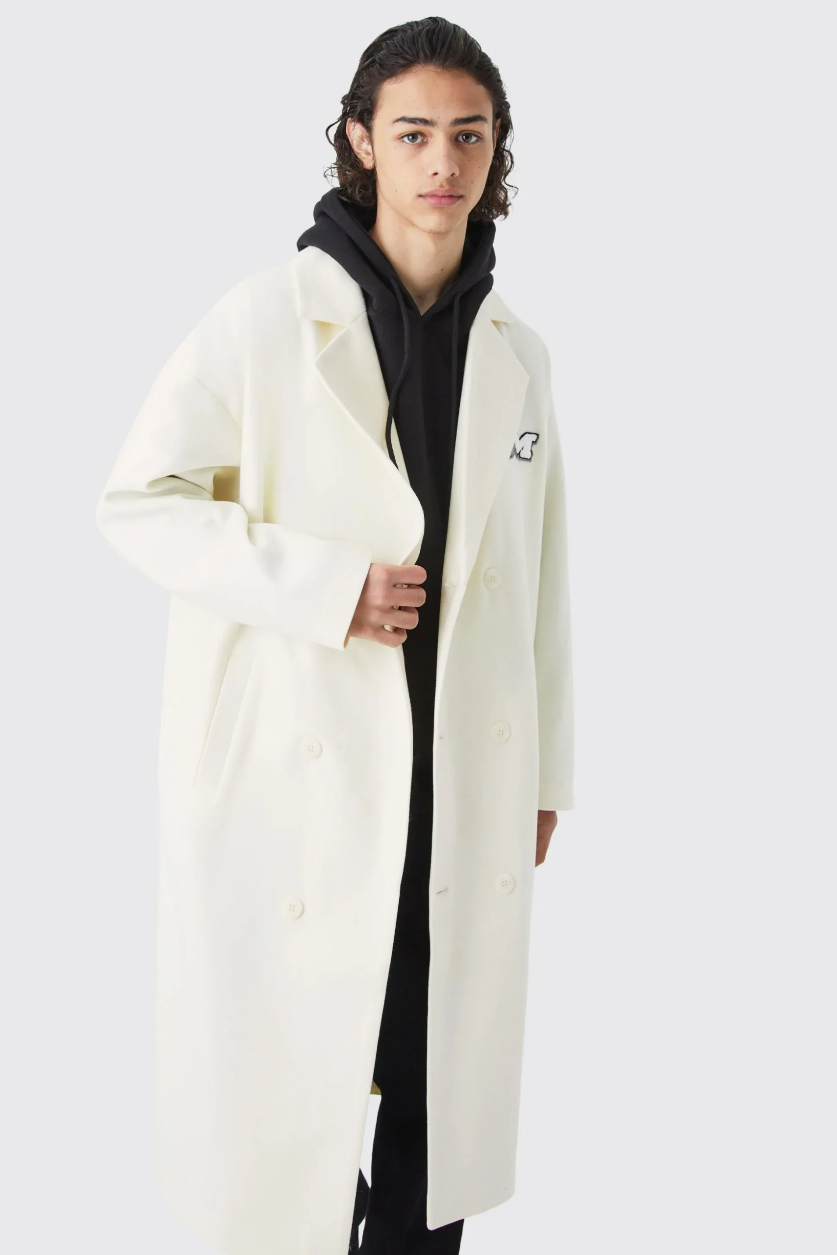 Double Breasted Longline Varsity Badge Overcoat | BoohooMAN UK