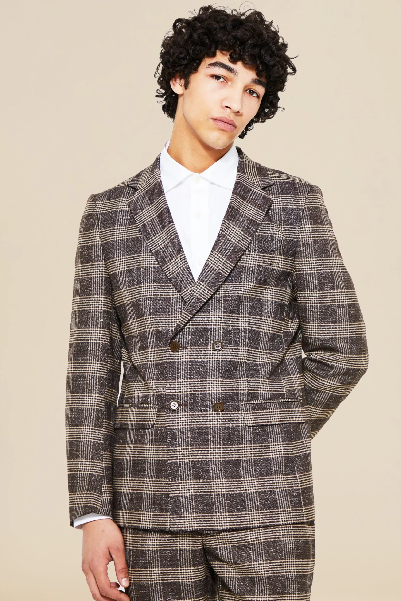 Double Breasted Slim Check Suit Jacket | BoohooMAN UK