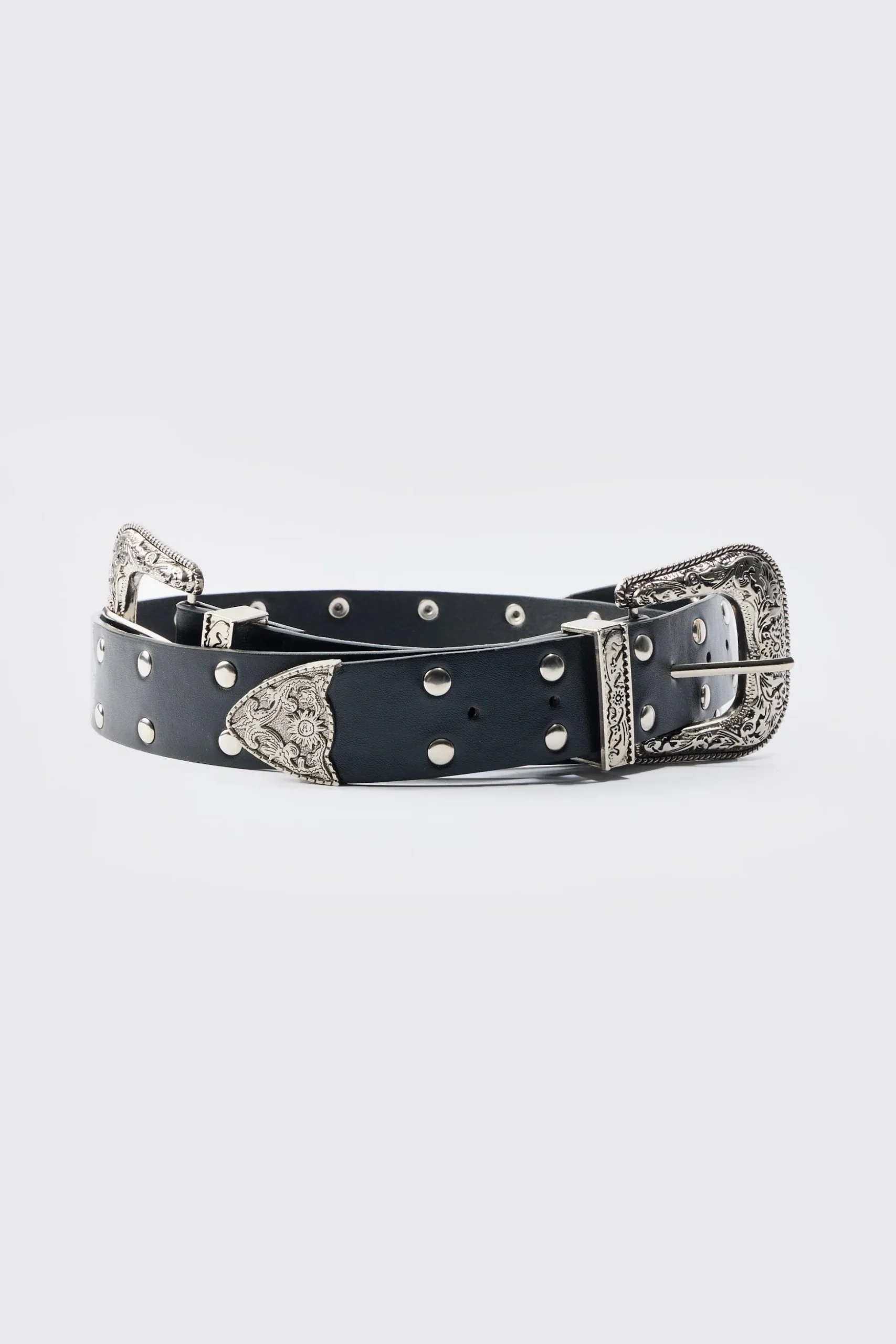 Double Buckle Studded Belt In Black | BoohooMAN UK