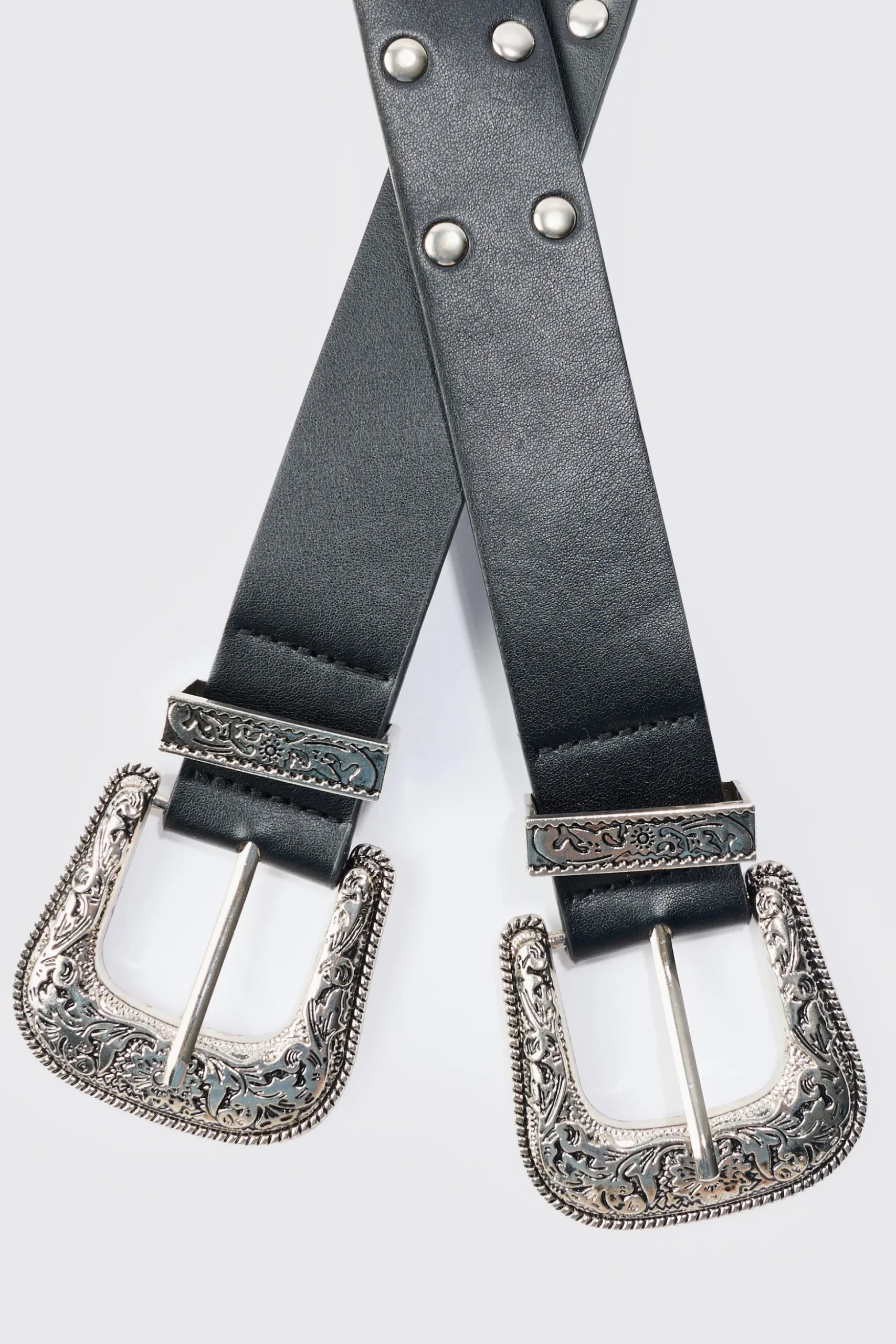 Double Buckle Studded Belt In Black | BoohooMAN UK