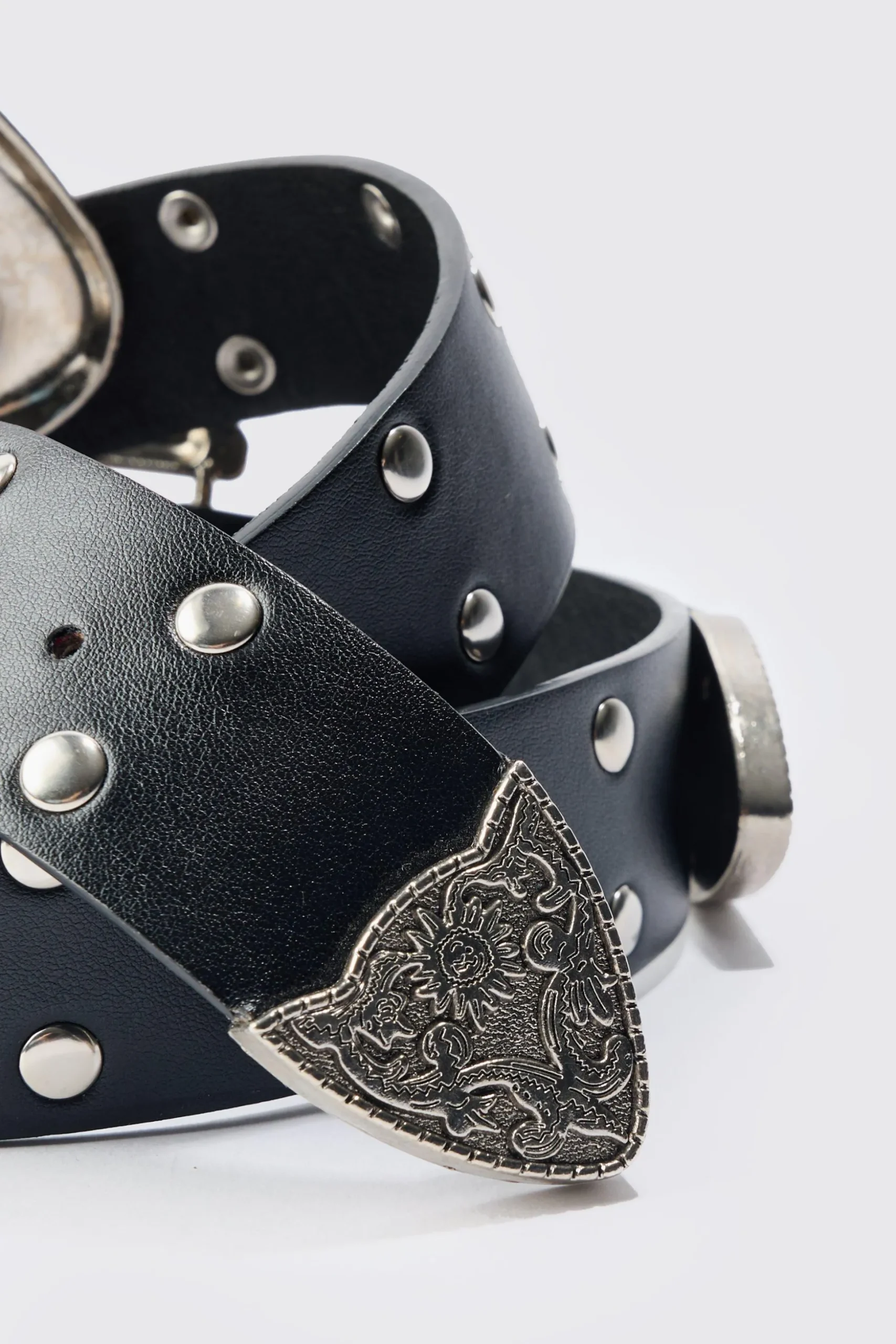 Double Buckle Studded Belt In Black | BoohooMAN UK