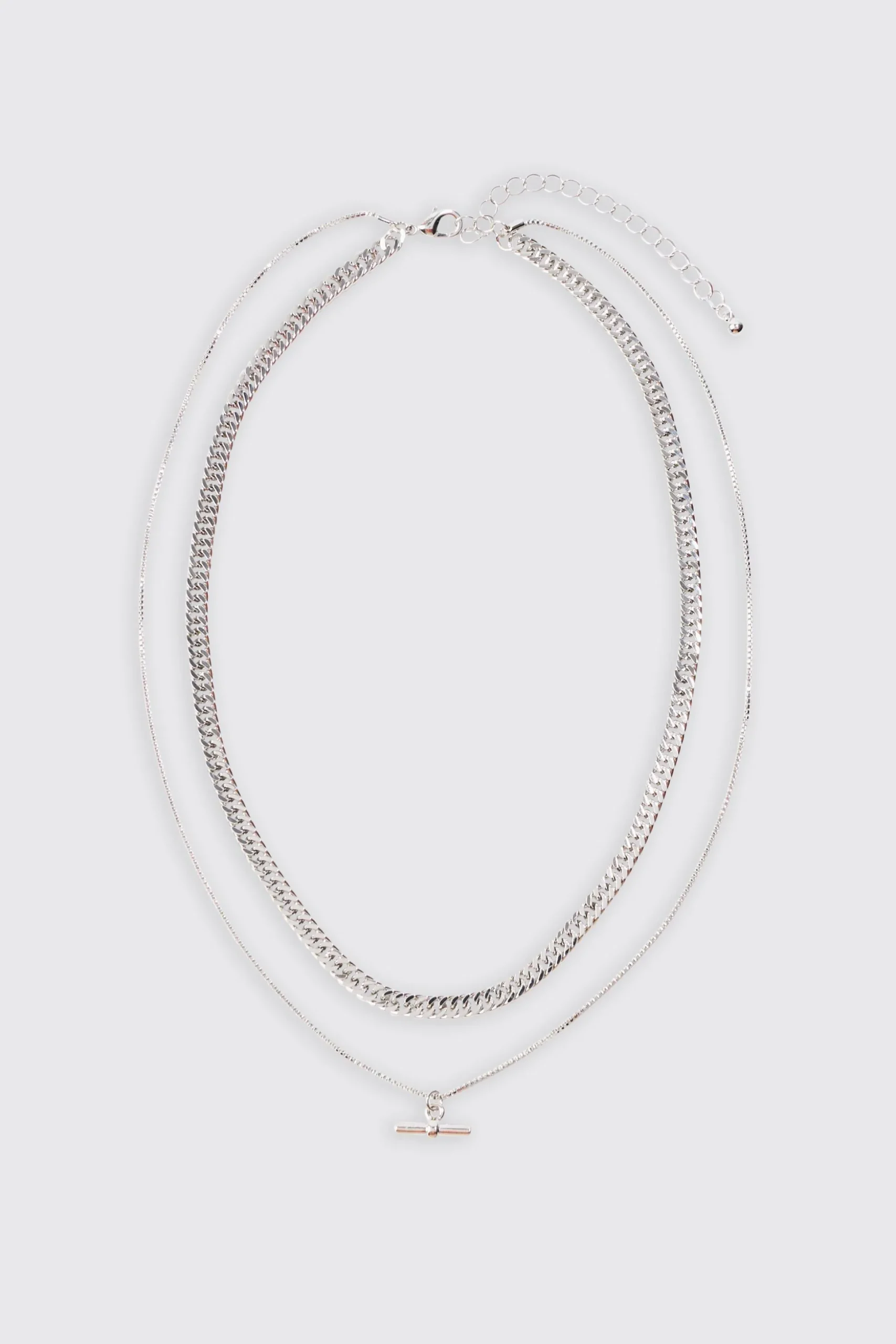 Double Chain T Bar Necklace In Silver | BoohooMAN UK