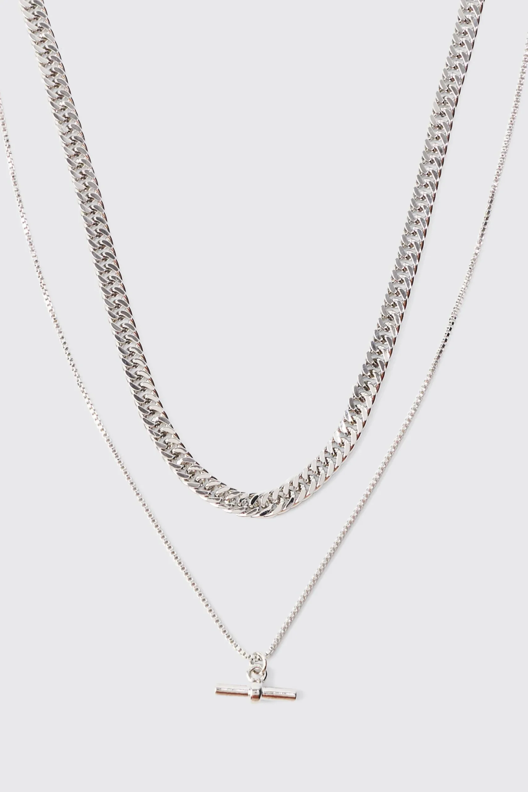 Double Chain T Bar Necklace In Silver | BoohooMAN UK
