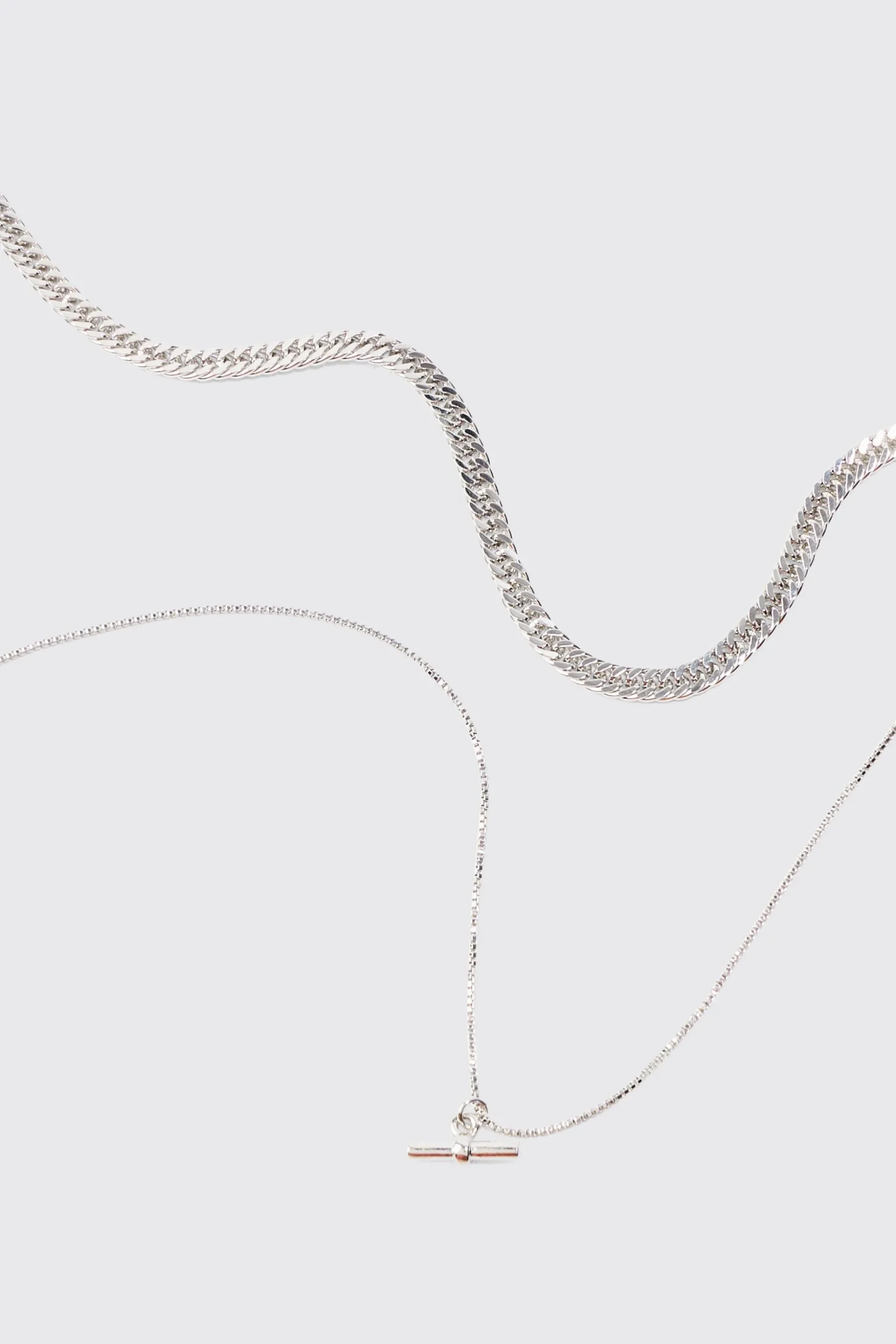 Double Chain T Bar Necklace In Silver | BoohooMAN UK