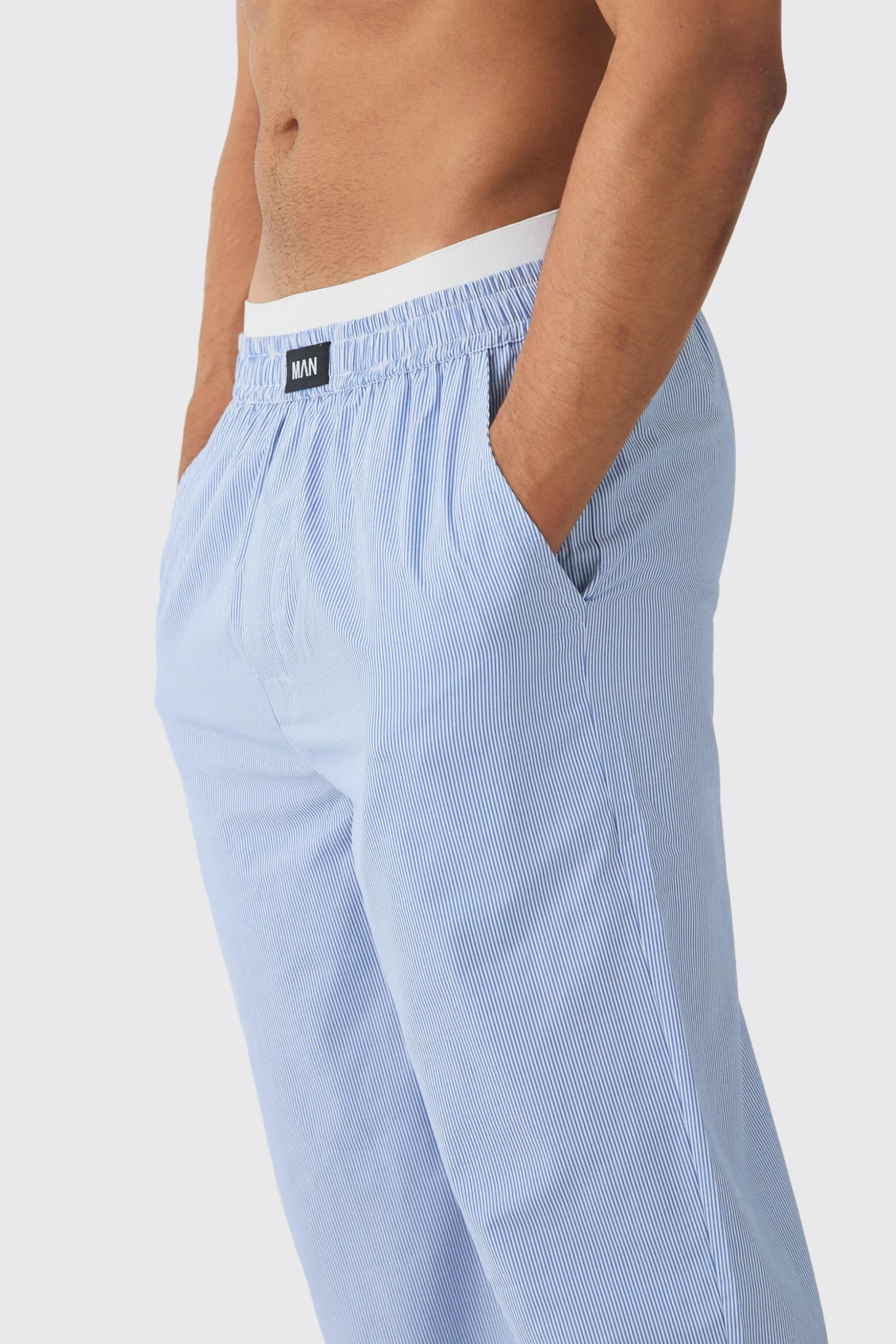 Double Waistband Woven Stripe Lounge Bottoms | BoohooMAN UK