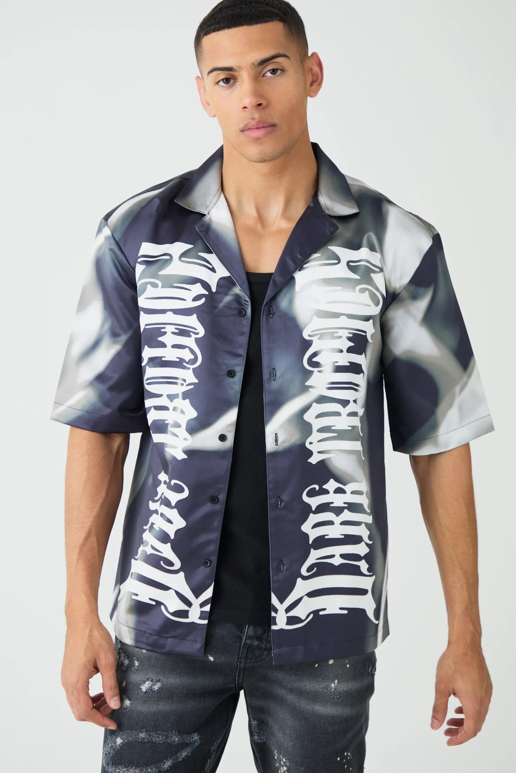 Drop Revere Short Sleeve Satin Graphic Shirt | BoohooMAN UK