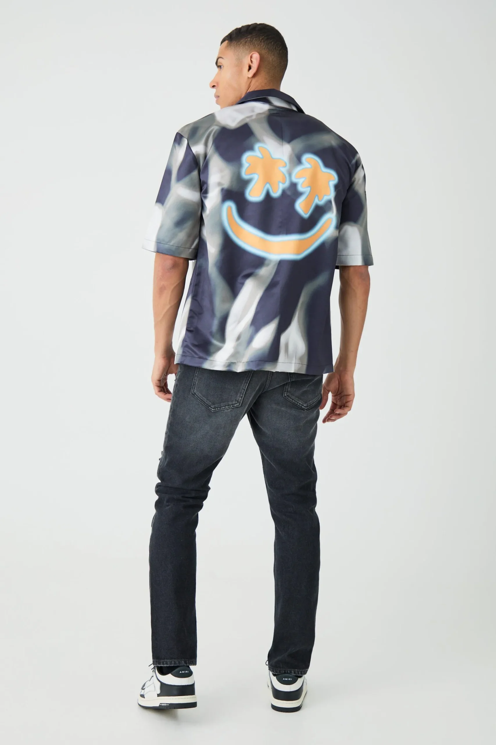 Drop Revere Short Sleeve Satin Graphic Shirt | BoohooMAN UK