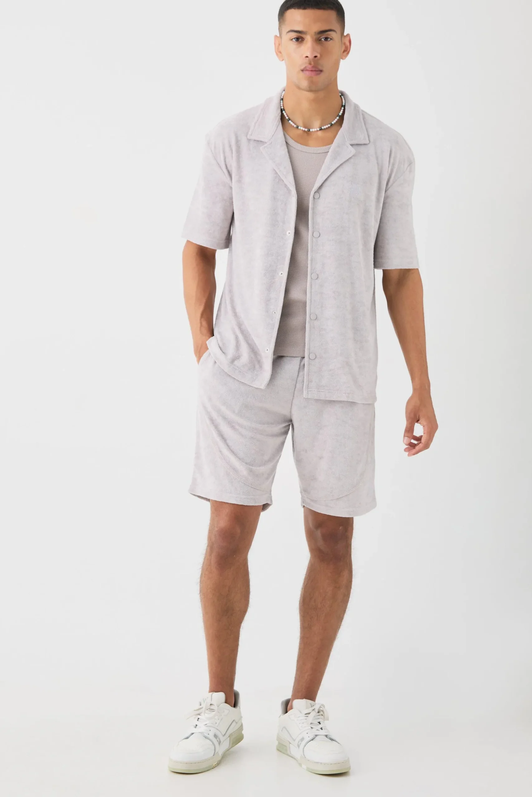 Drop Revere Towelling Shirt And Short Set | BoohooMAN UK