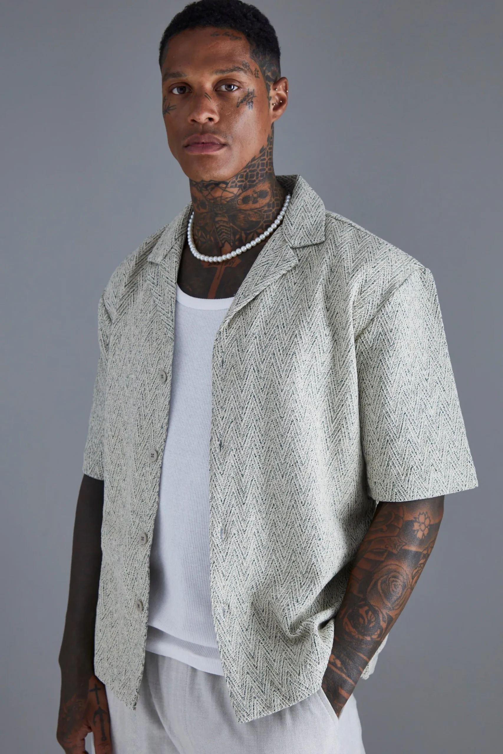 Dropped Revere Textured Herringbone Shirt | BoohooMAN UK