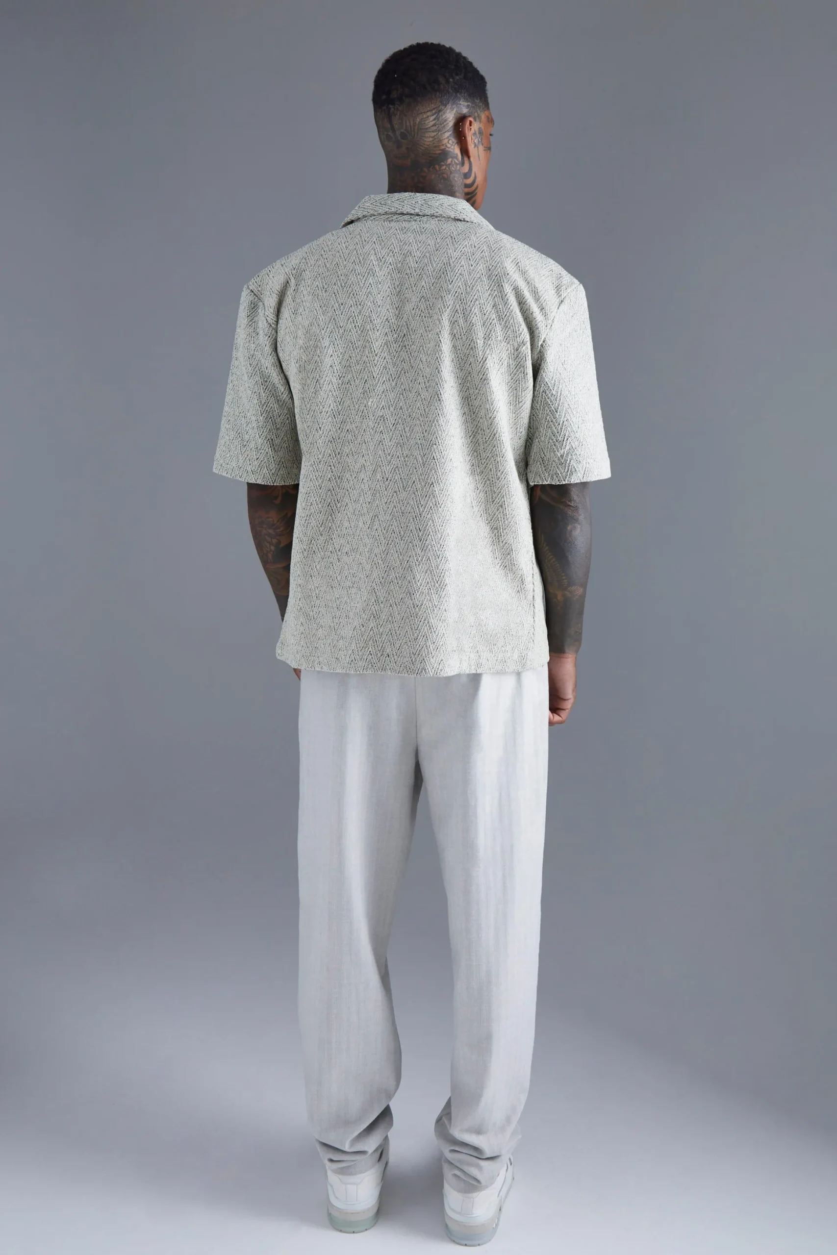 Dropped Revere Textured Herringbone Shirt | BoohooMAN UK