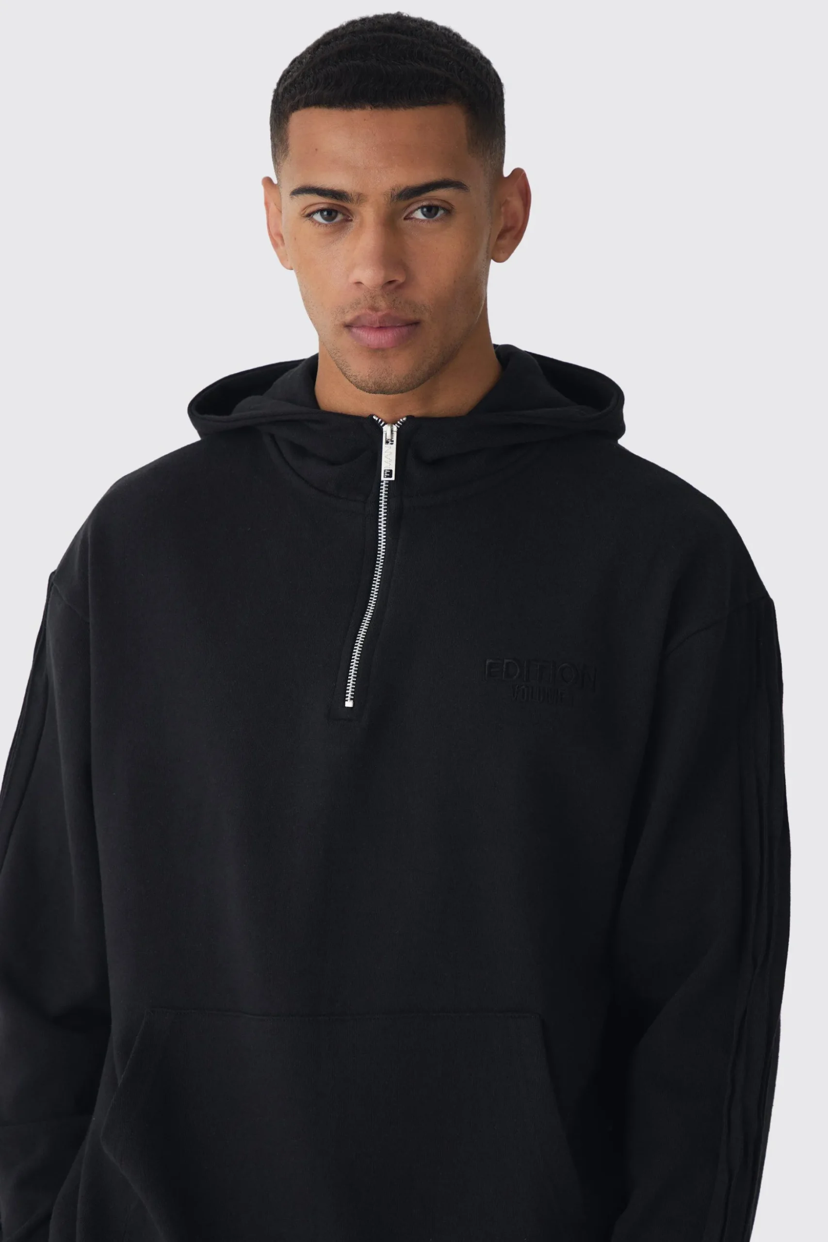 EDITION Oversized Heavyweight 1/4 Zip Pintuck Hoodie | BoohooMAN UK
